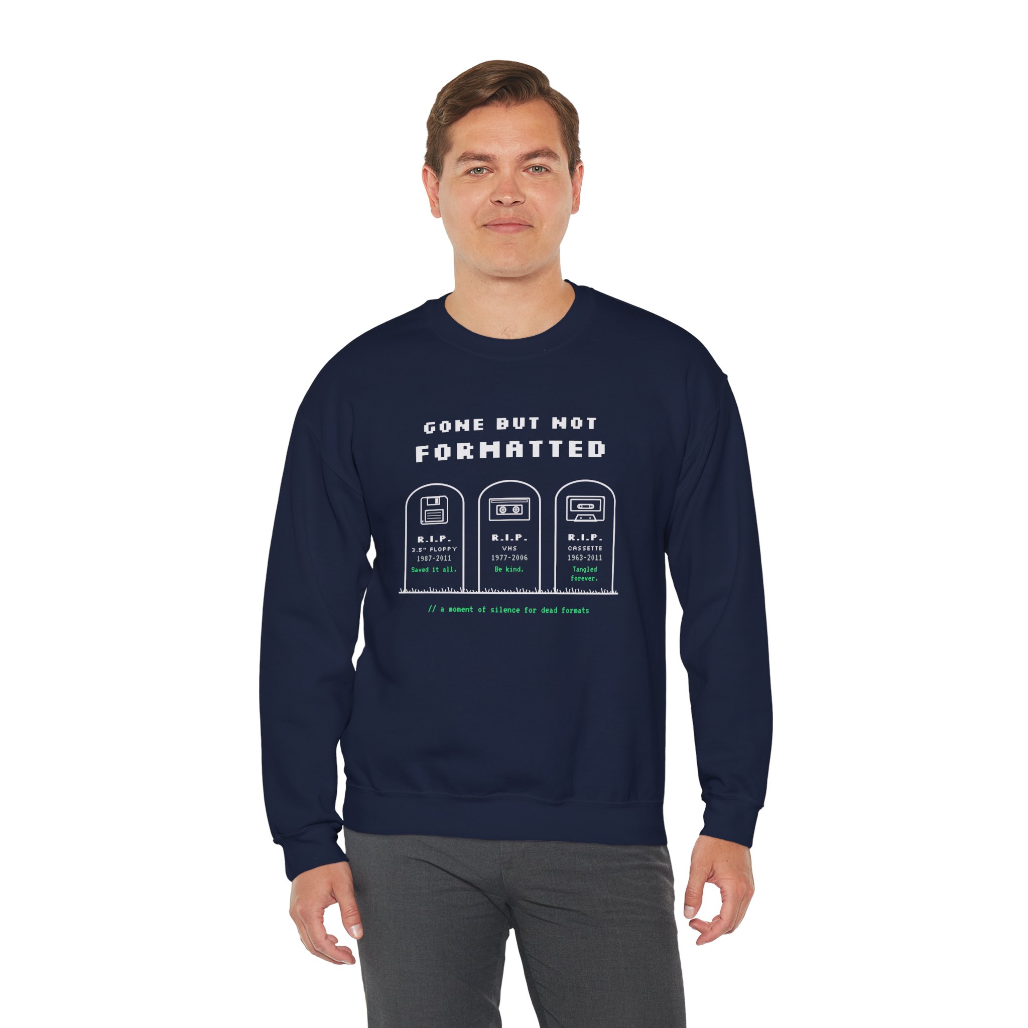 Gone But Not Formatted crewneck sweatshirt in Navy, worn by a model, third view