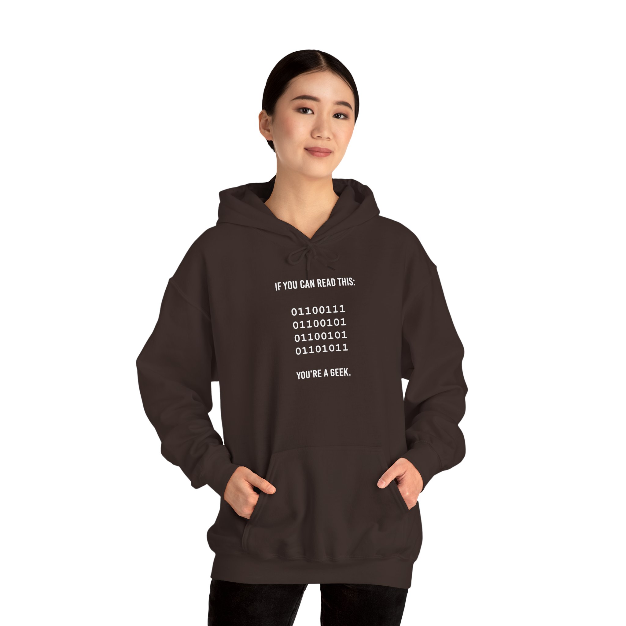 Geek Binary Code hoodie in Dark Chocolate, worn by a model