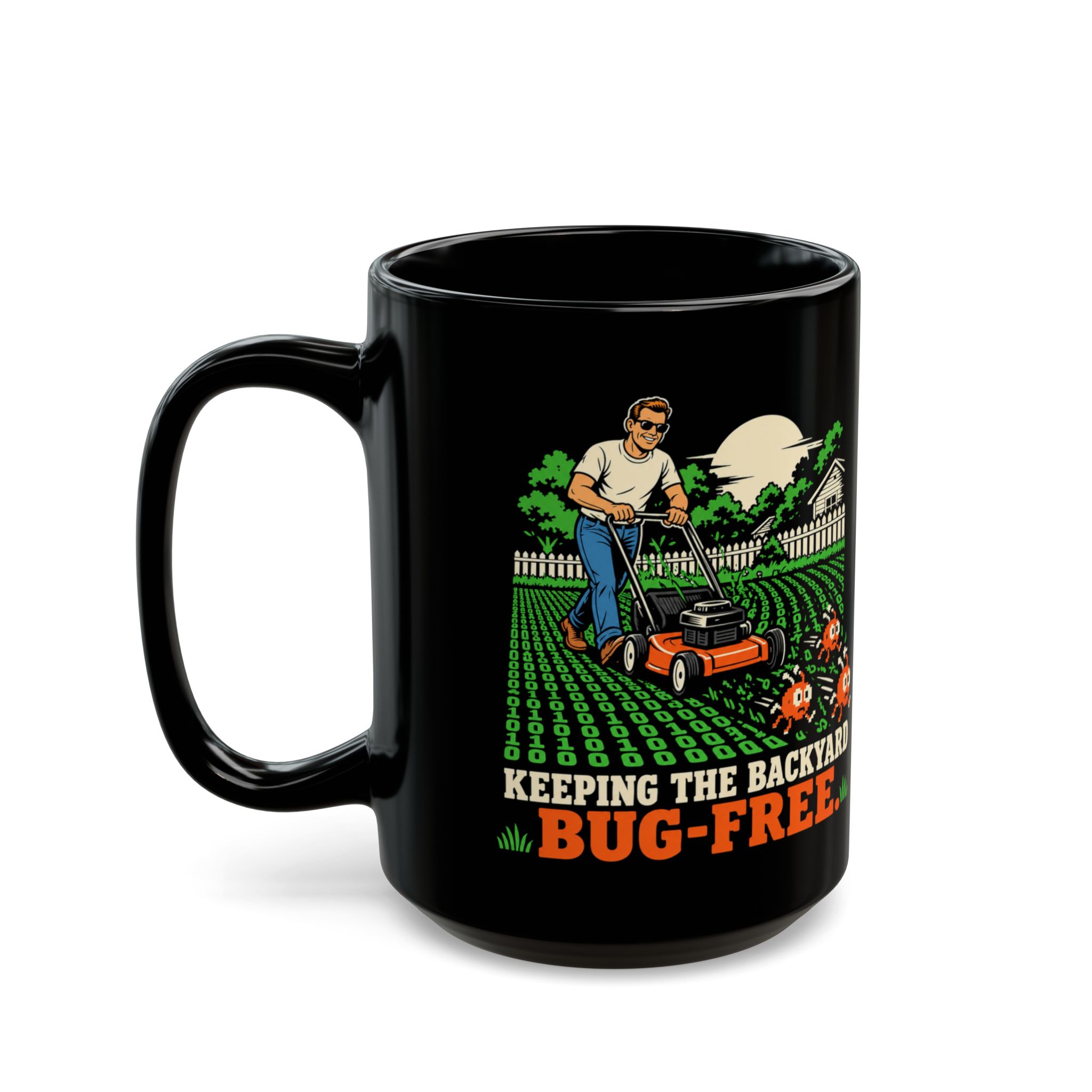 Bug-Free Backyard black mug, 15 oz, left side