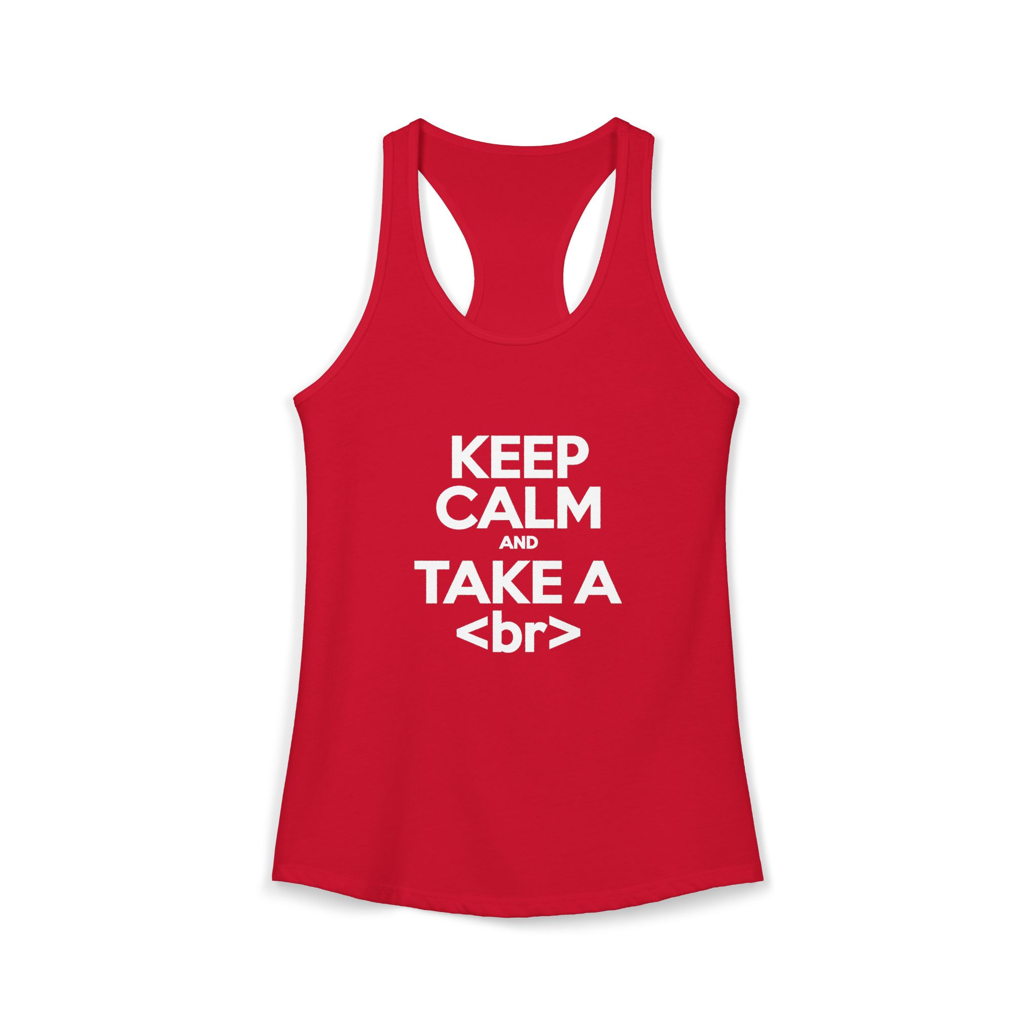 Keep Calm and Take a Break women's racerback tank in Solid Red, front 2