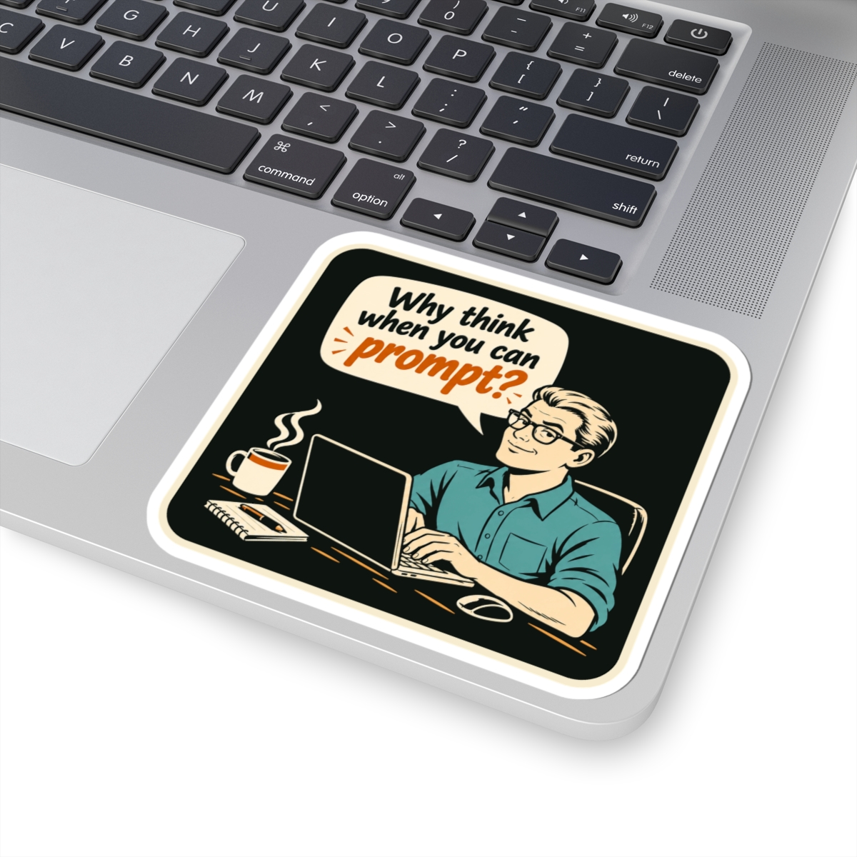Why Think When You Can Prompt sticker, 4 inch, on a laptop