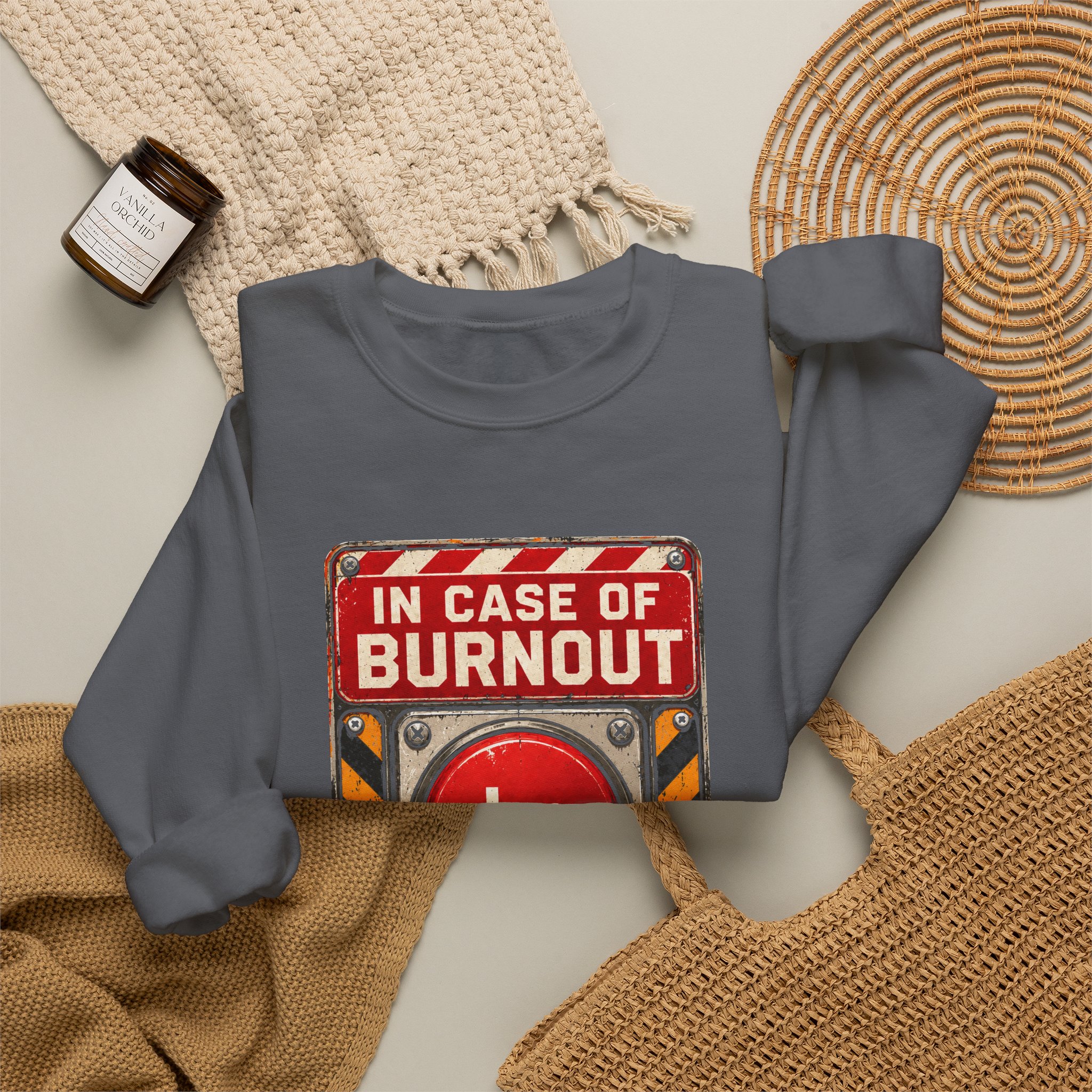 In Case of Burnout crewneck sweatshirt in Charcoal, folded 2