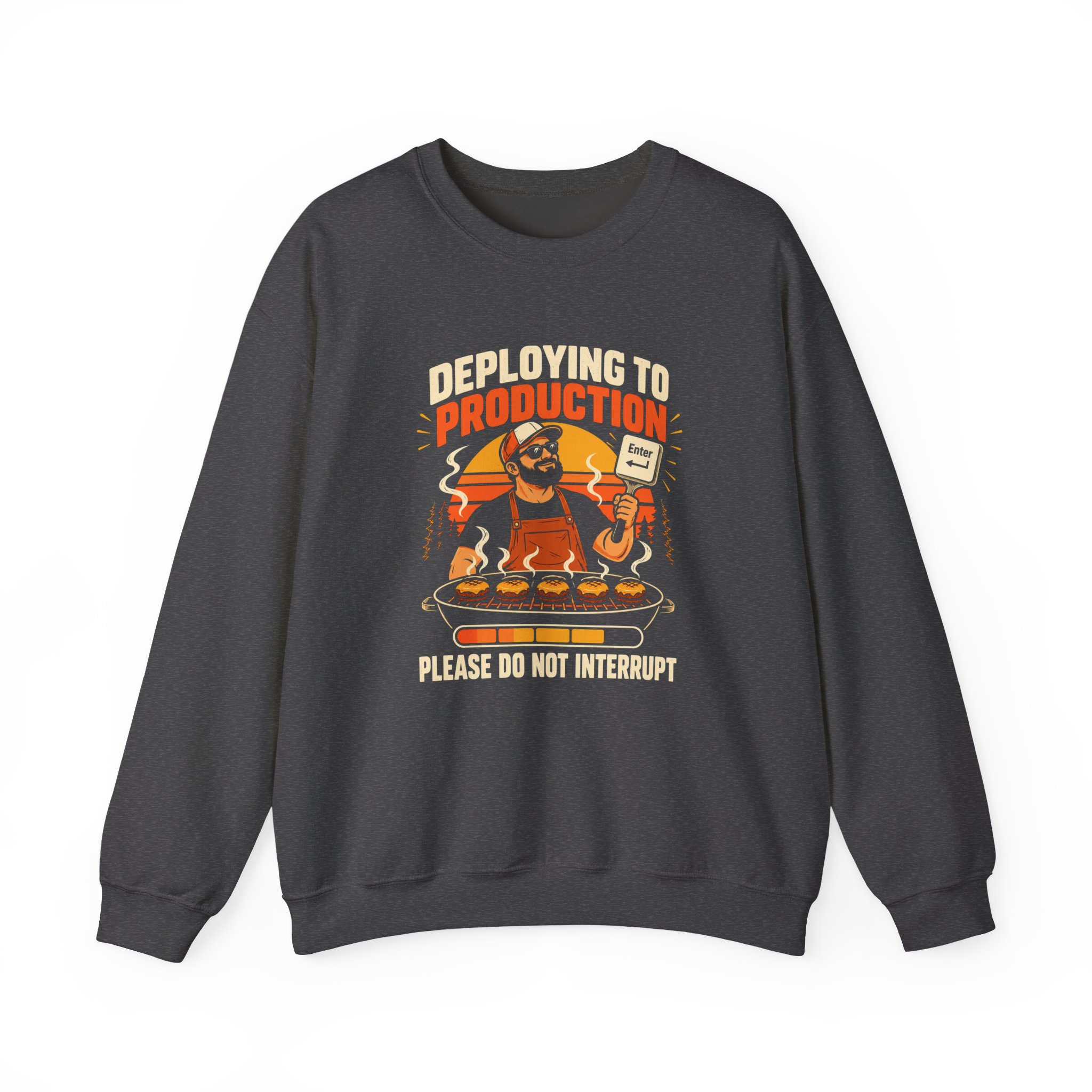 Deploying to Production crewneck sweatshirt in Dark Heather, front view