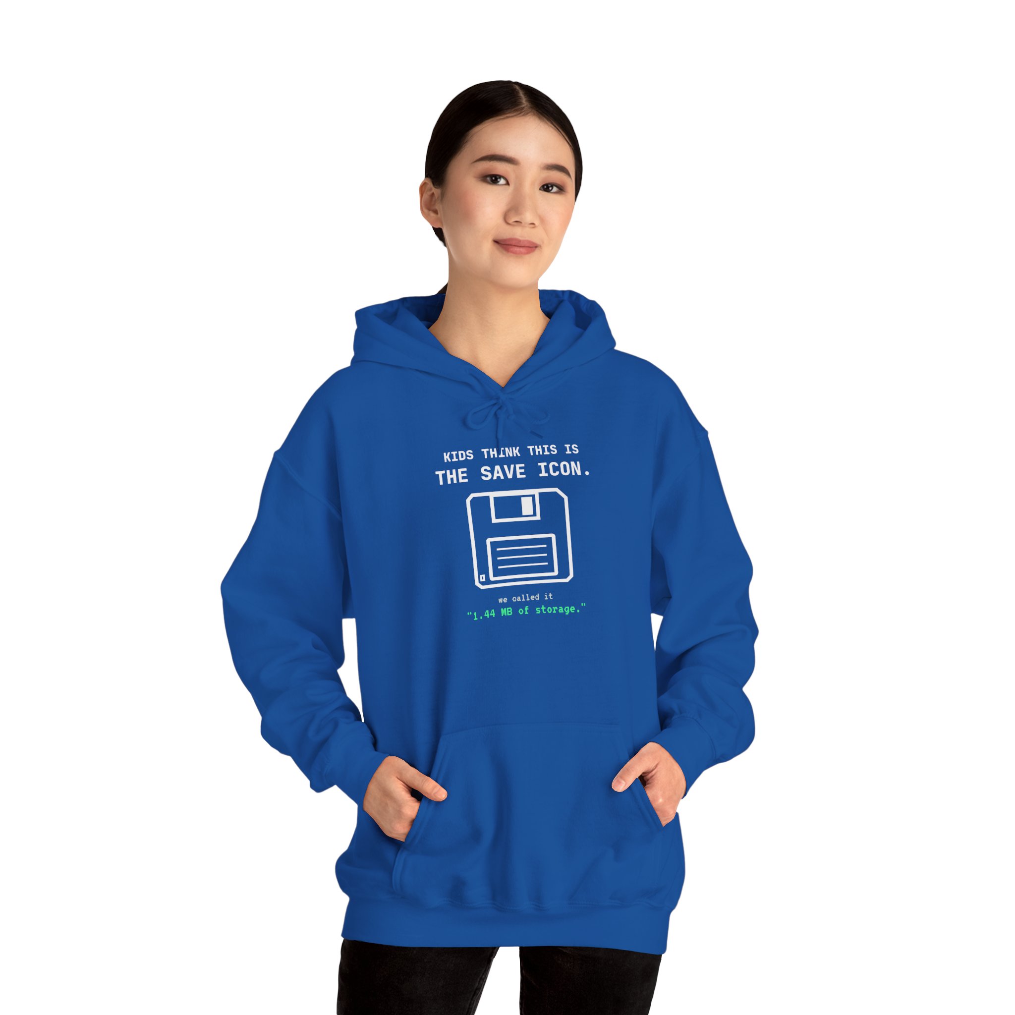 The Original Save Icon hoodie in Royal, worn by a model