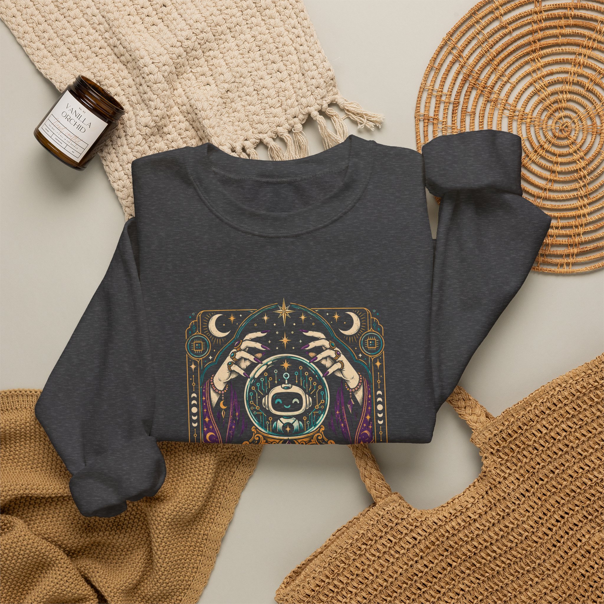 AI Magic Crystal Ball crewneck sweatshirt in Dark Heather, folded 2