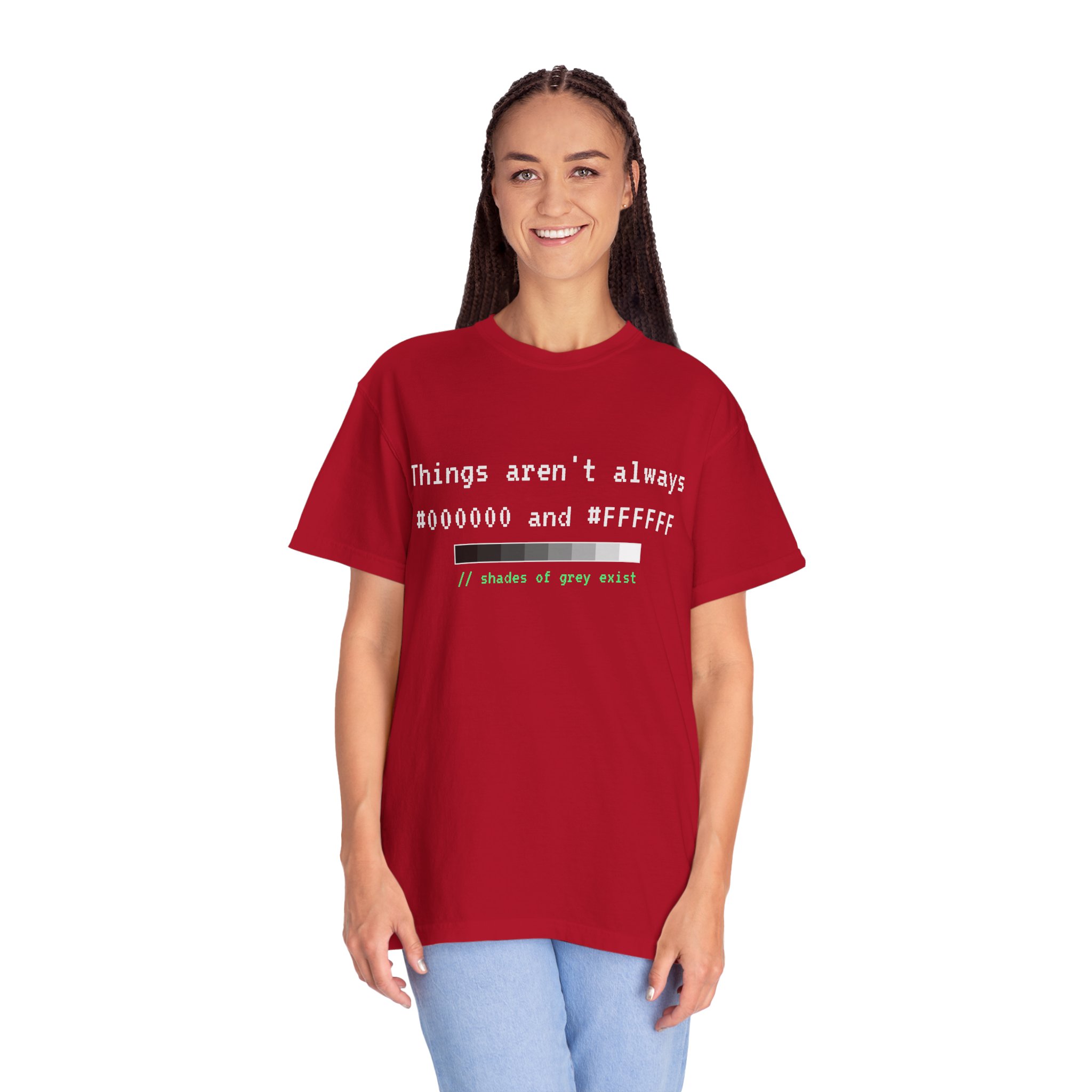 Shades of Grey Exist T-shirt in Red, worn by a woman