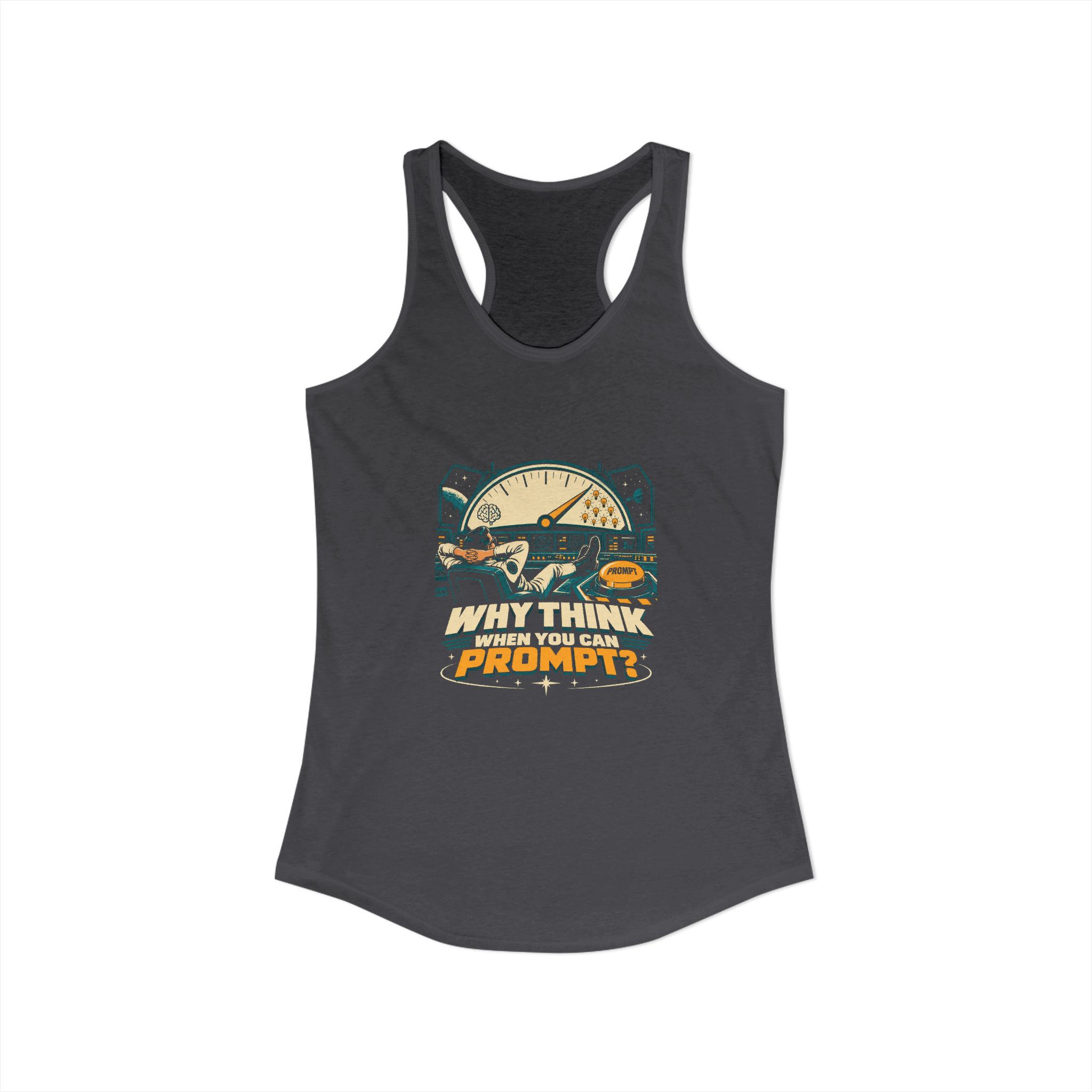 Prompt Mission Control women's racerback tank in Solid Dark Gray, front view