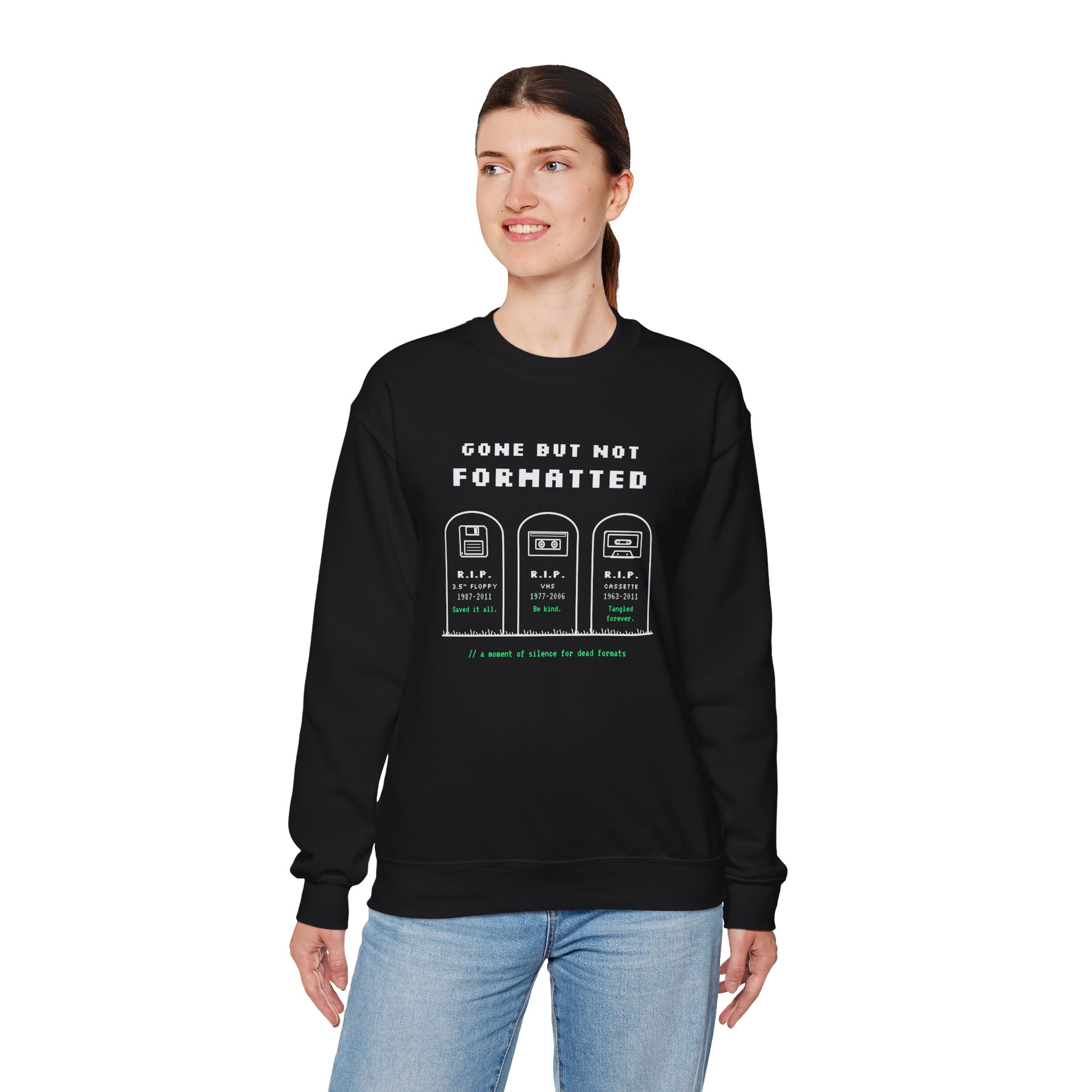 Gone But Not Formatted crewneck sweatshirt in Black, worn by a model, fourth view