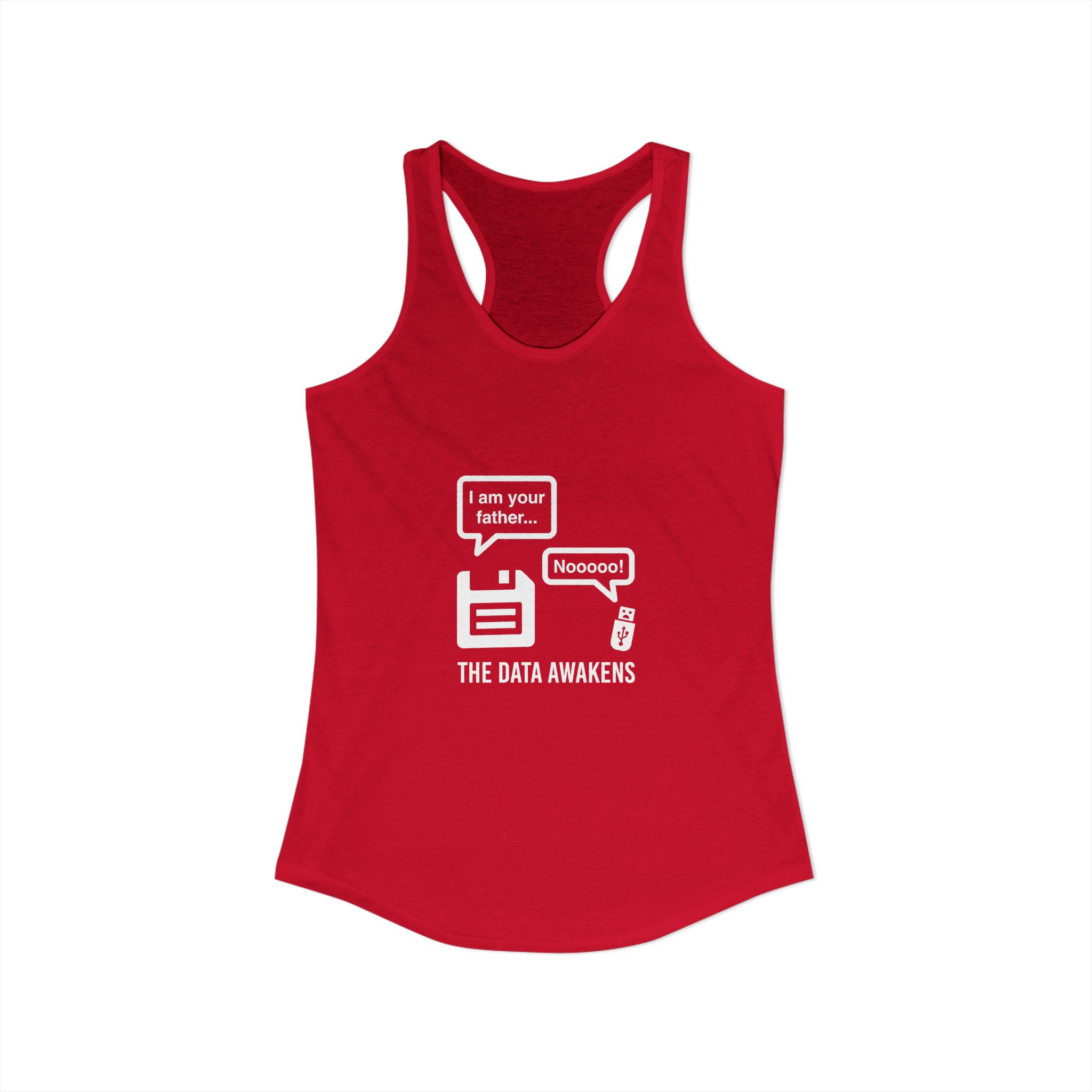 The Data Awakens women's racerback tank in Solid Red, front view
