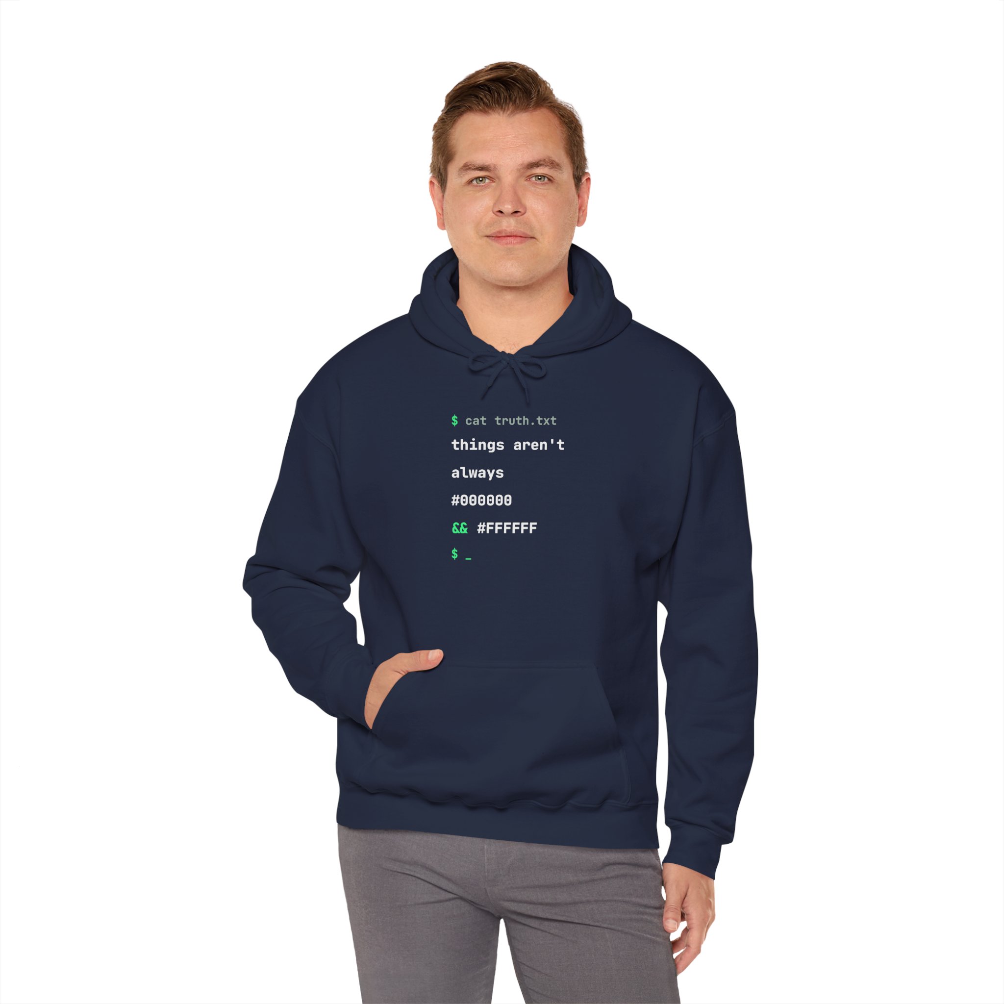 cat truth.txt hoodie in Navy, worn by a model, fourth view