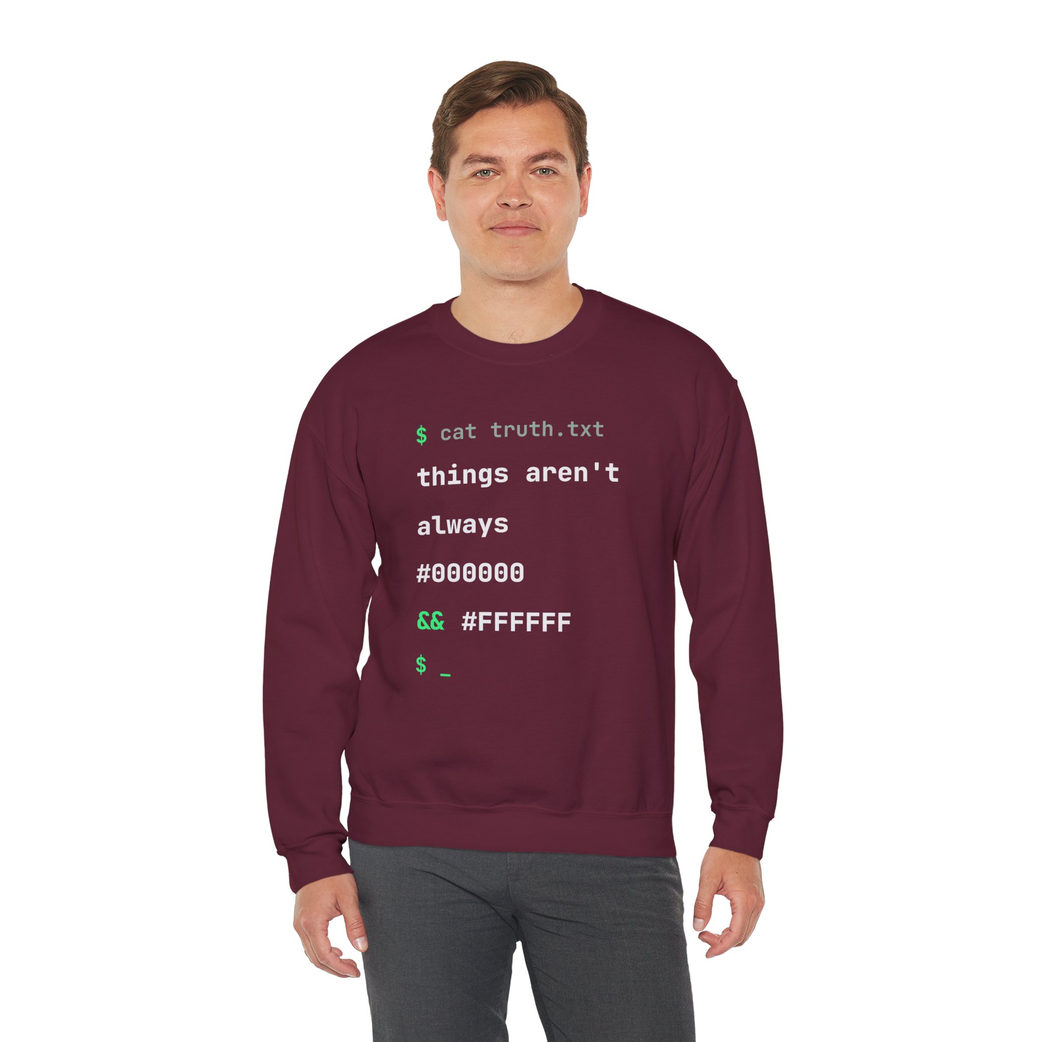 cat truth.txt crewneck sweatshirt in Maroon, worn by a model, third view