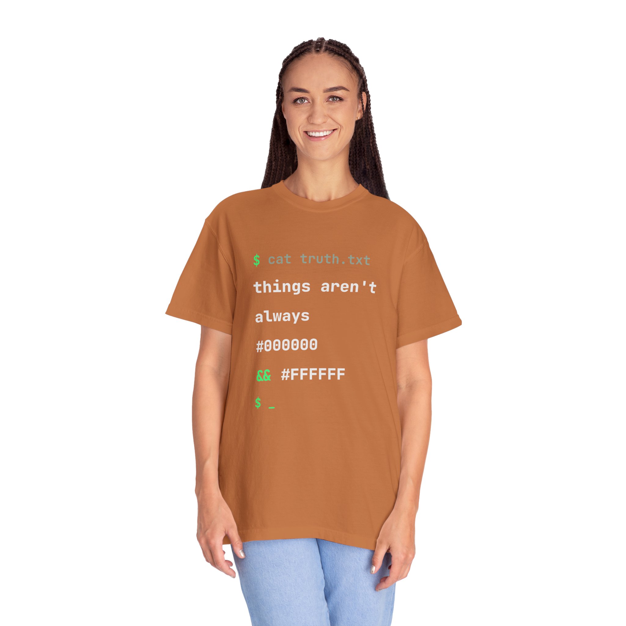 cat truth.txt T-shirt in Yam, worn by a woman