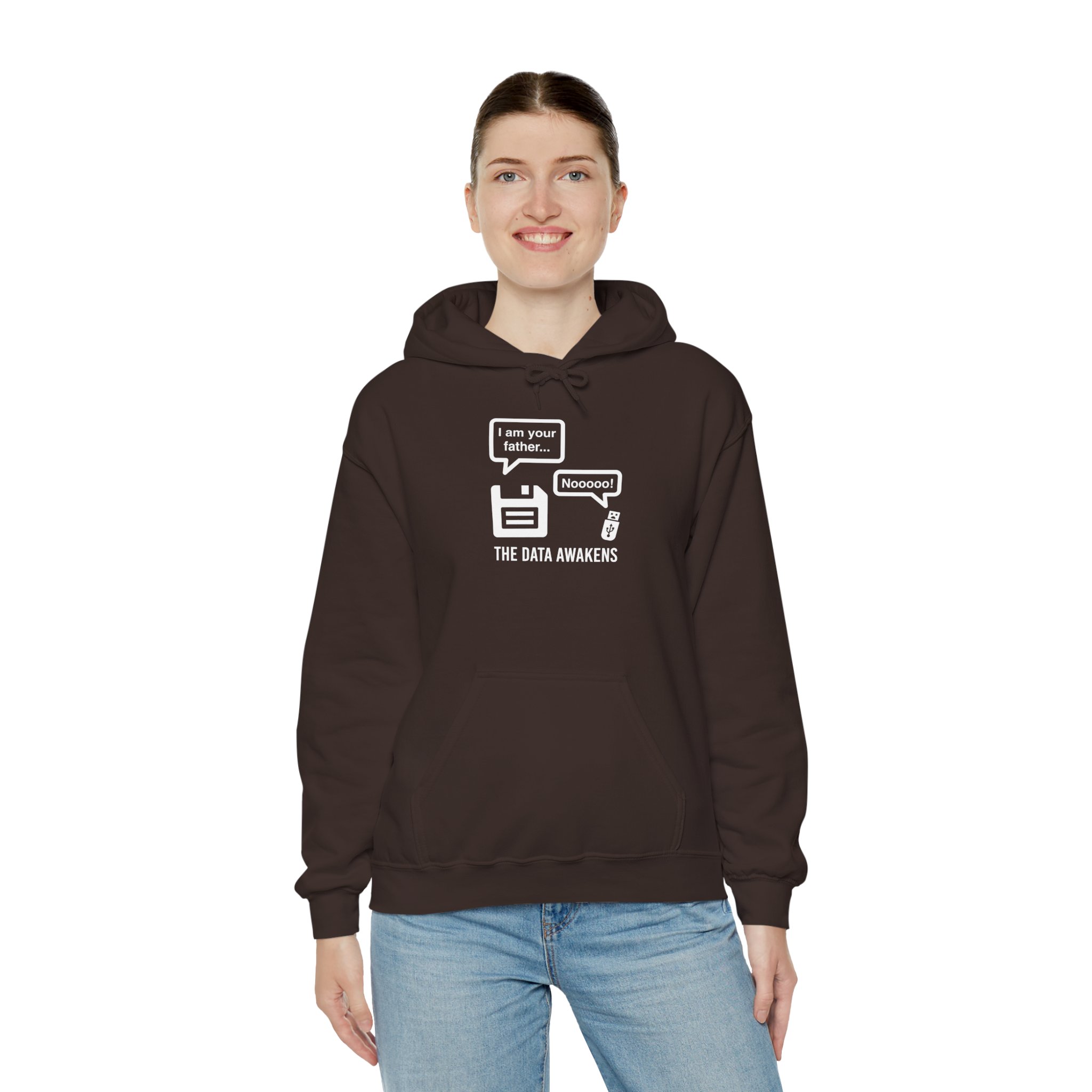 The Data Awakens hoodie in Dark Chocolate, worn by a model, third view