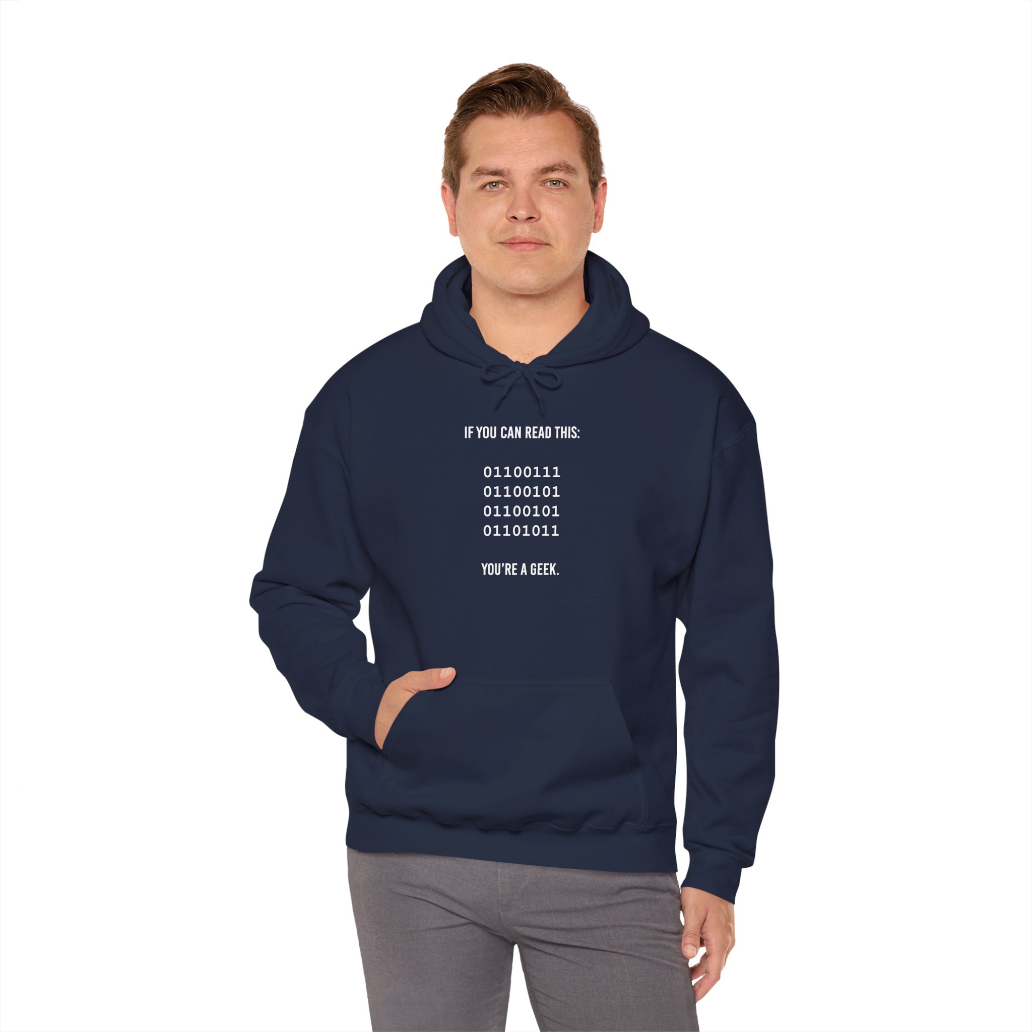 Geek Binary Code hoodie in Navy, worn by a model, fourth view