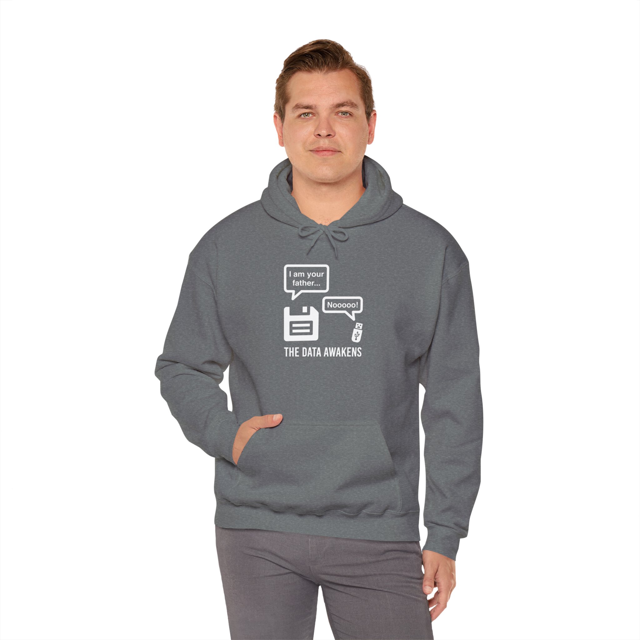 The Data Awakens hoodie in Graphite Heather, worn by a model, fourth view