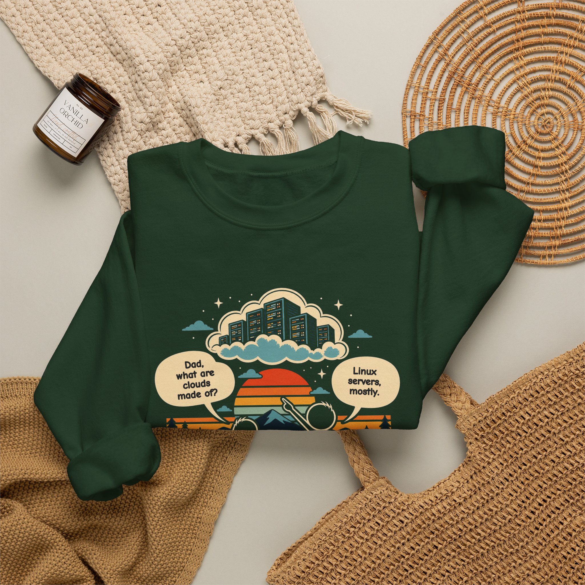 Linux Clouds crewneck sweatshirt in Forest Green, folded 2