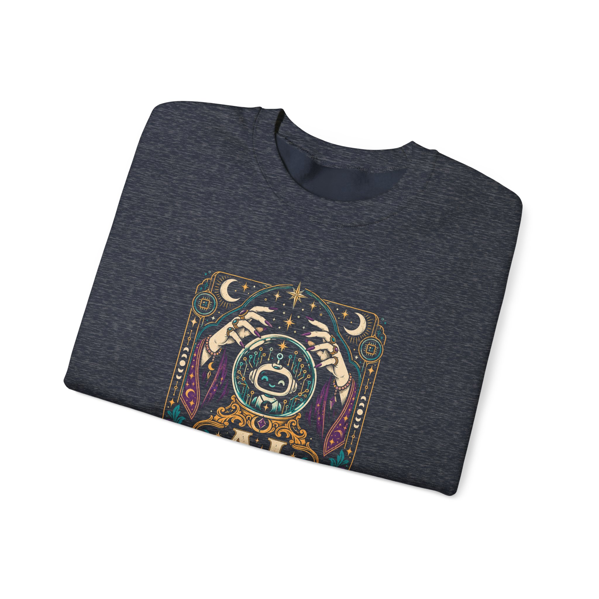 AI Magic Crystal Ball crewneck sweatshirt in Heather Sport Dark Navy, folded