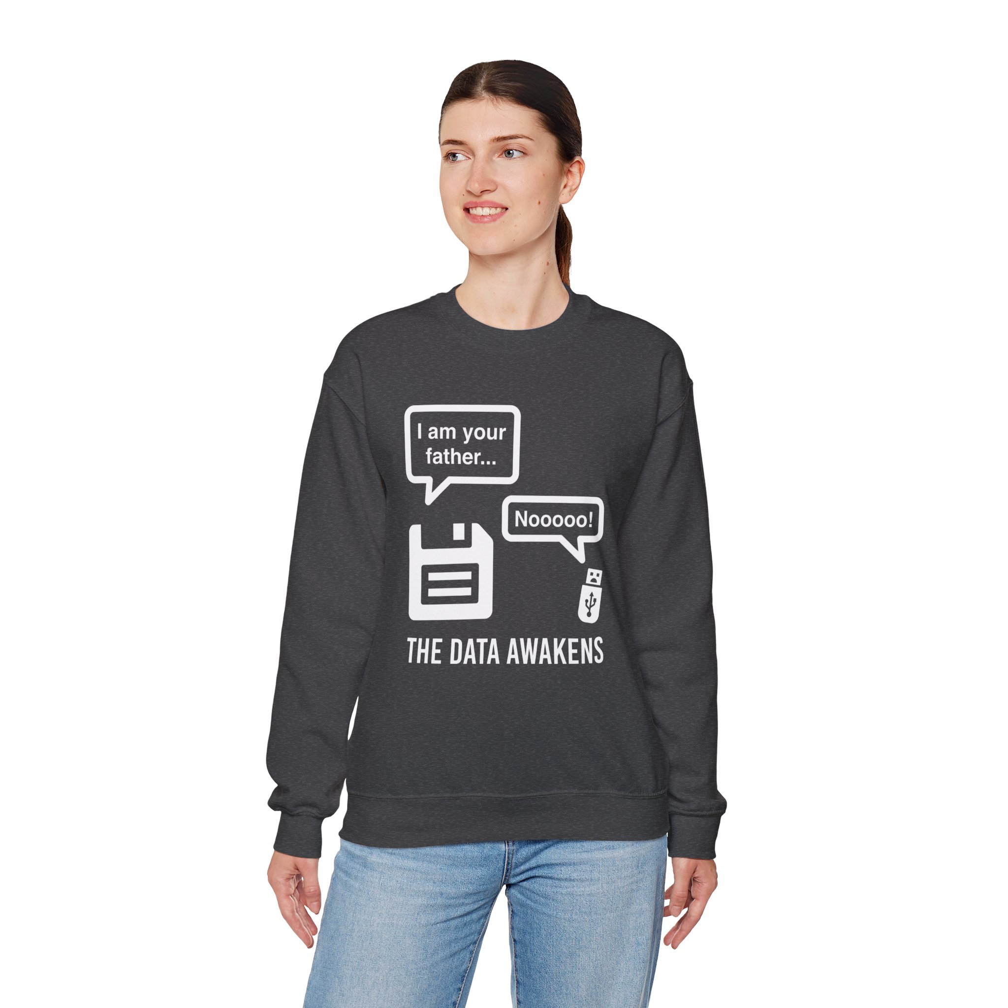 The Data Awakens crewneck sweatshirt in Dark Heather, worn by a model, fourth view