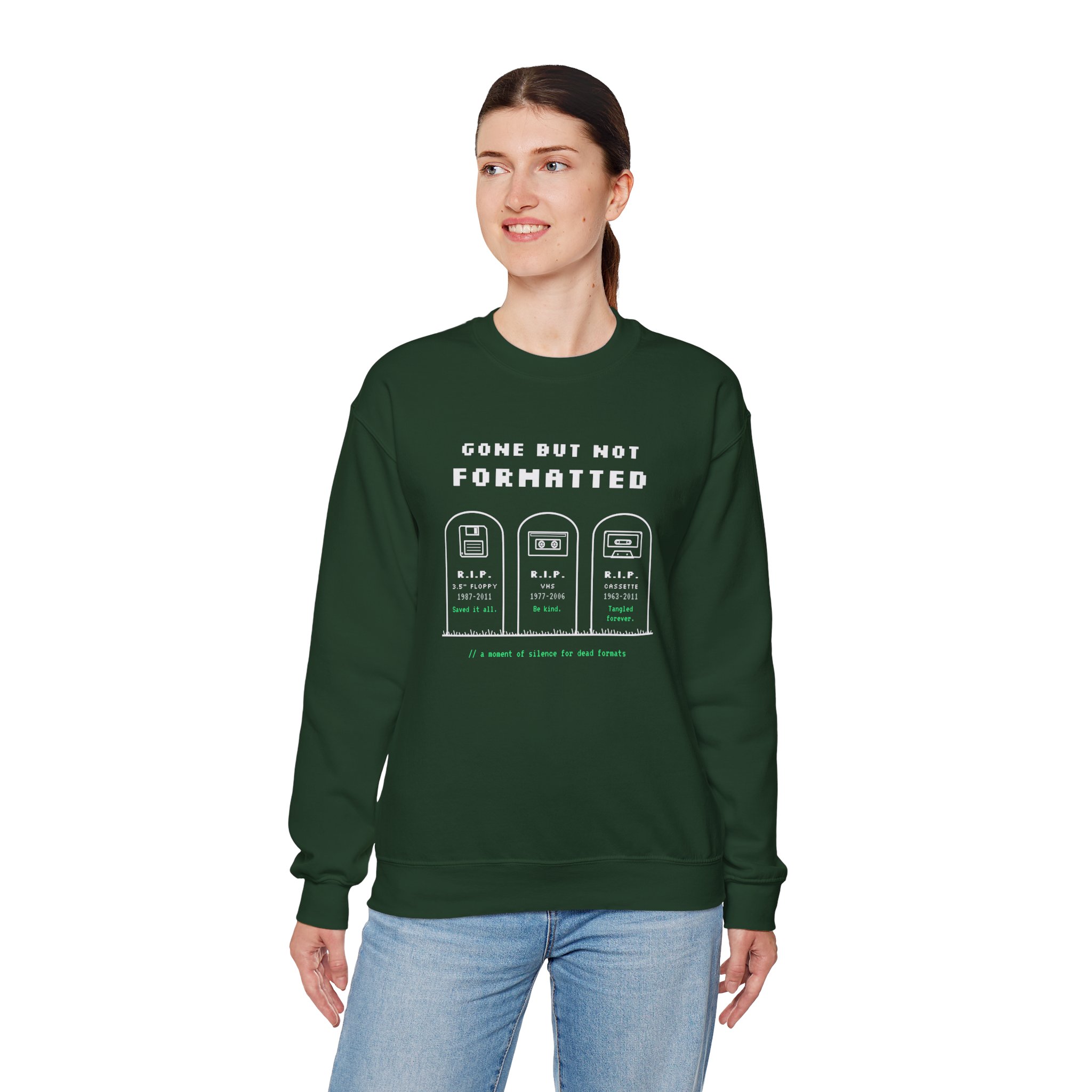 Gone But Not Formatted crewneck sweatshirt in Forest Green, worn by a model, fourth view