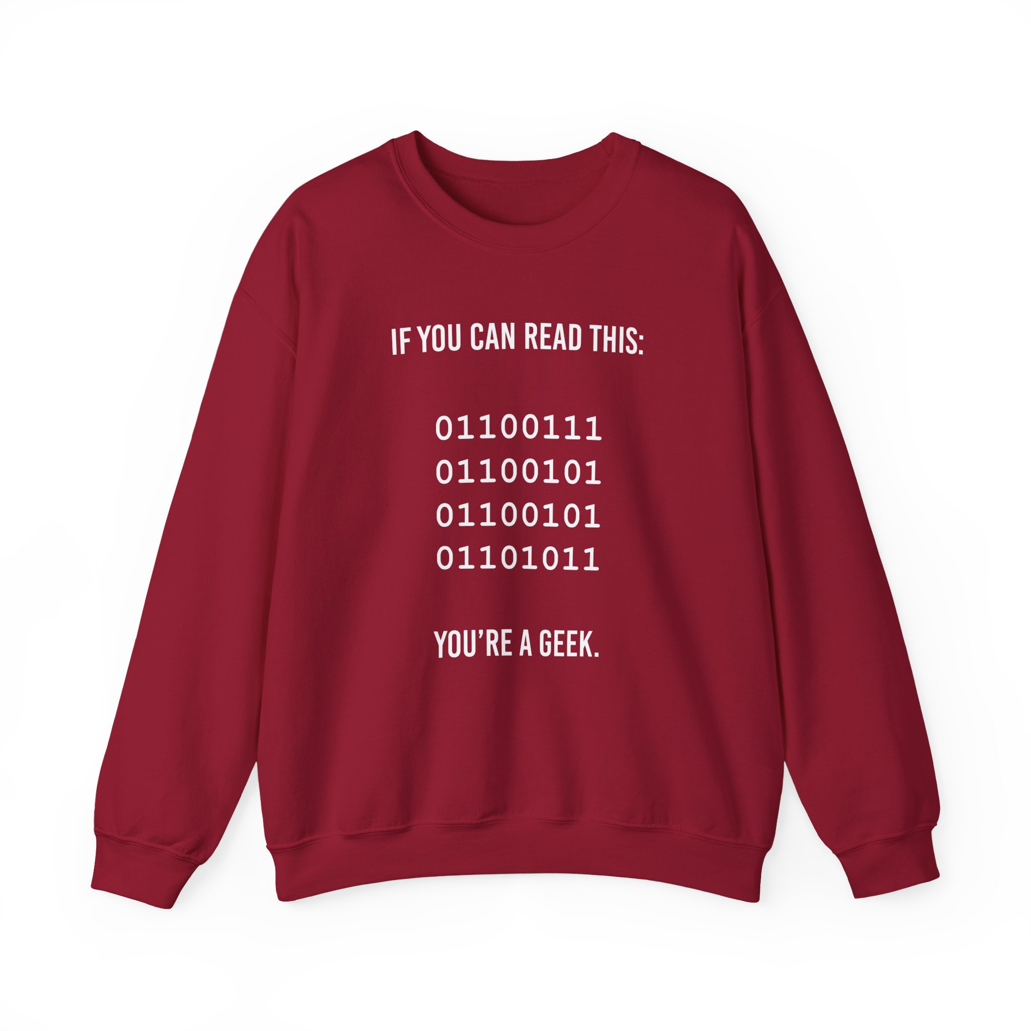 Geek Binary Code crewneck sweatshirt in Cardinal Red, front view