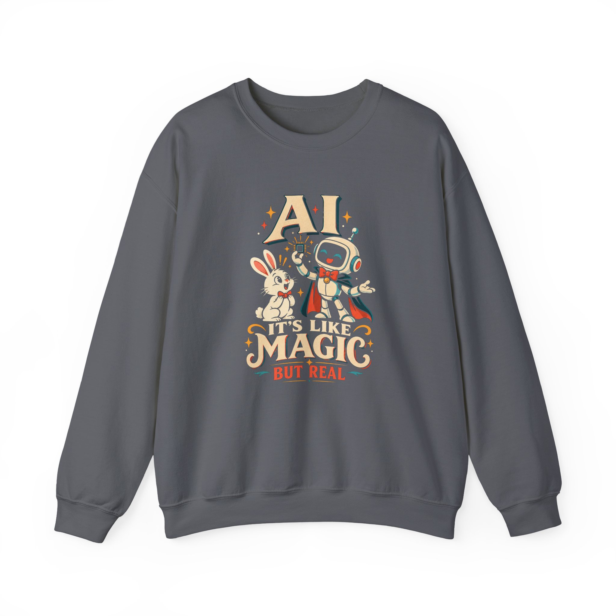 AI Magic Bunny crewneck sweatshirt in Charcoal, front view