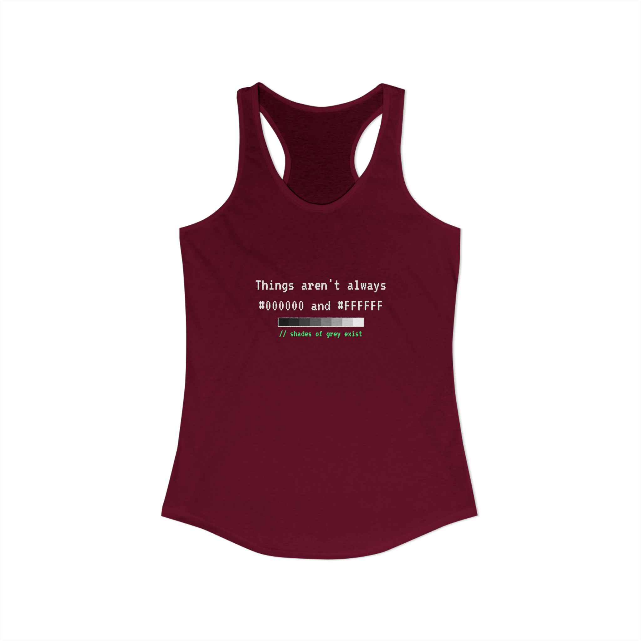 Shades of Grey Exist women's racerback tank in Solid Cardinal Red, front view