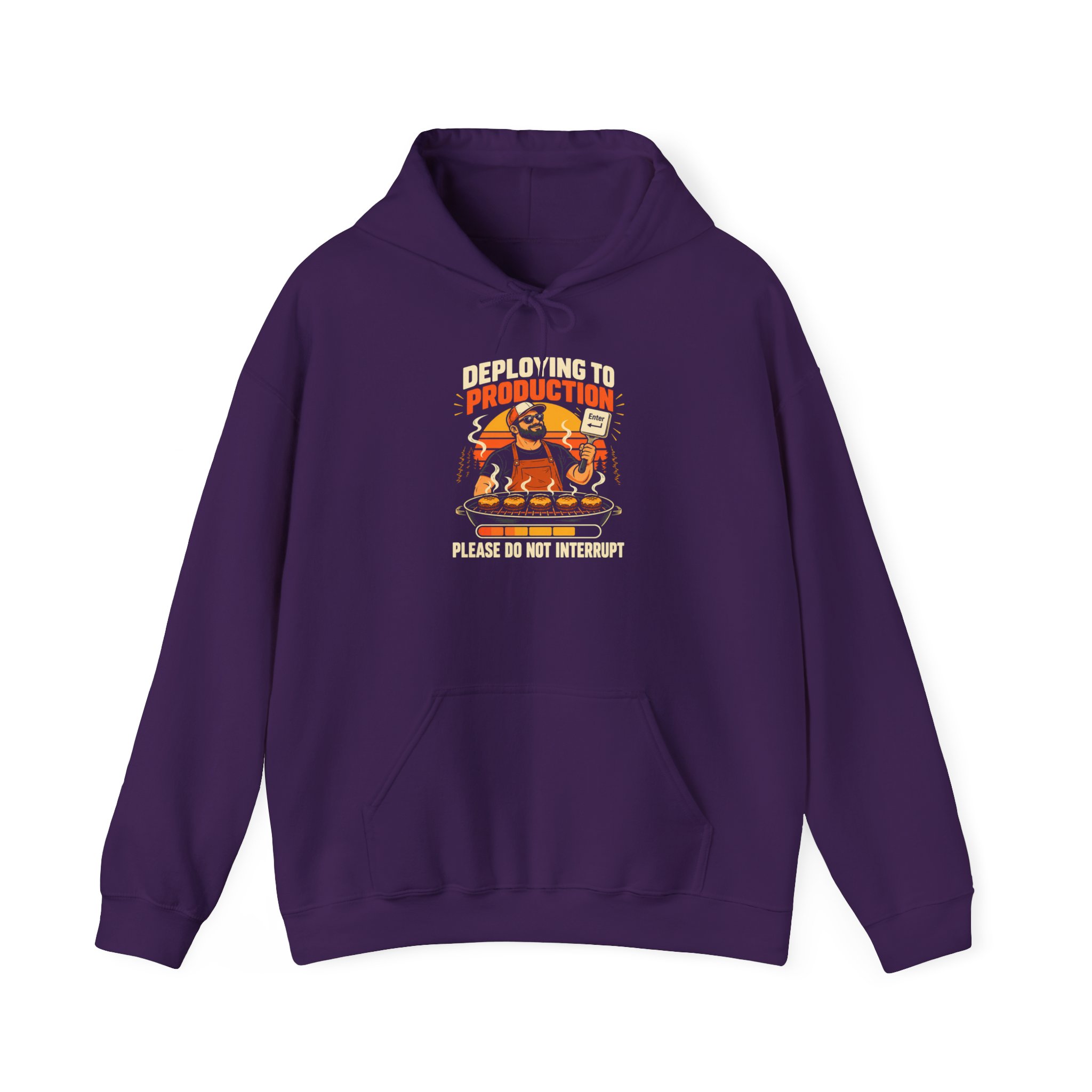 Deploying to Production hoodie in Purple, front view
