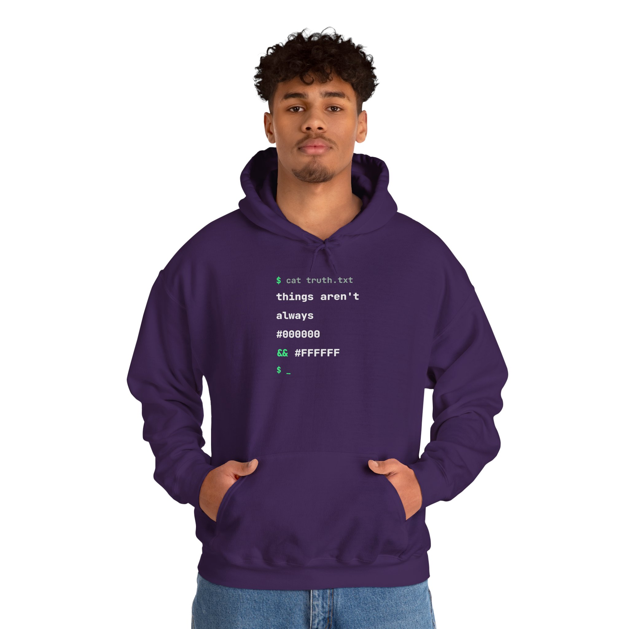 cat truth.txt hoodie in Purple, worn by a model, second view