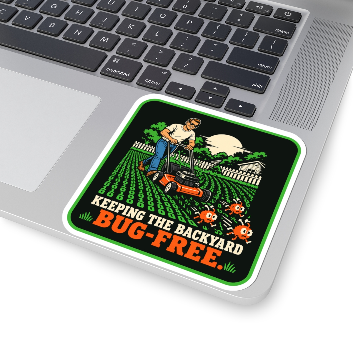 Bug-Free Backyard sticker, 4 inch, on a laptop