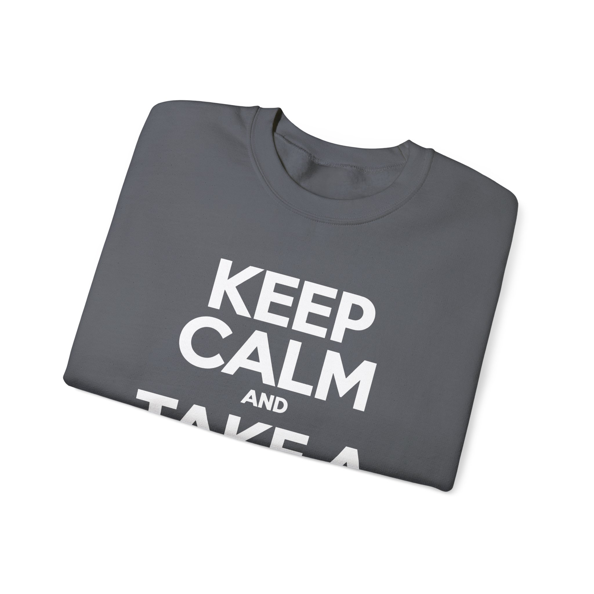 Keep Calm and Take a Break crewneck sweatshirt in Charcoal, folded