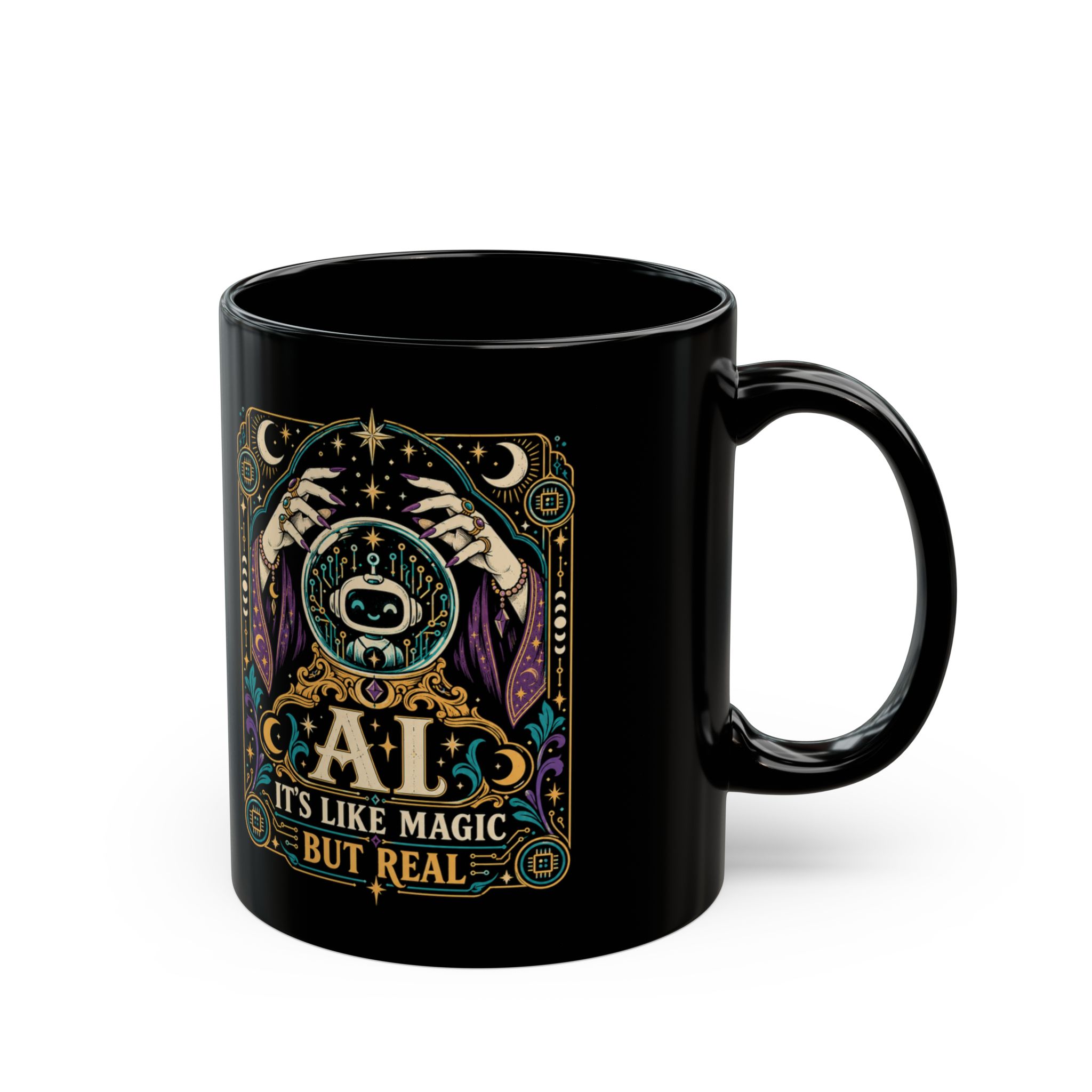 AI Magic Crystal Ball black mug, 11 oz, right side