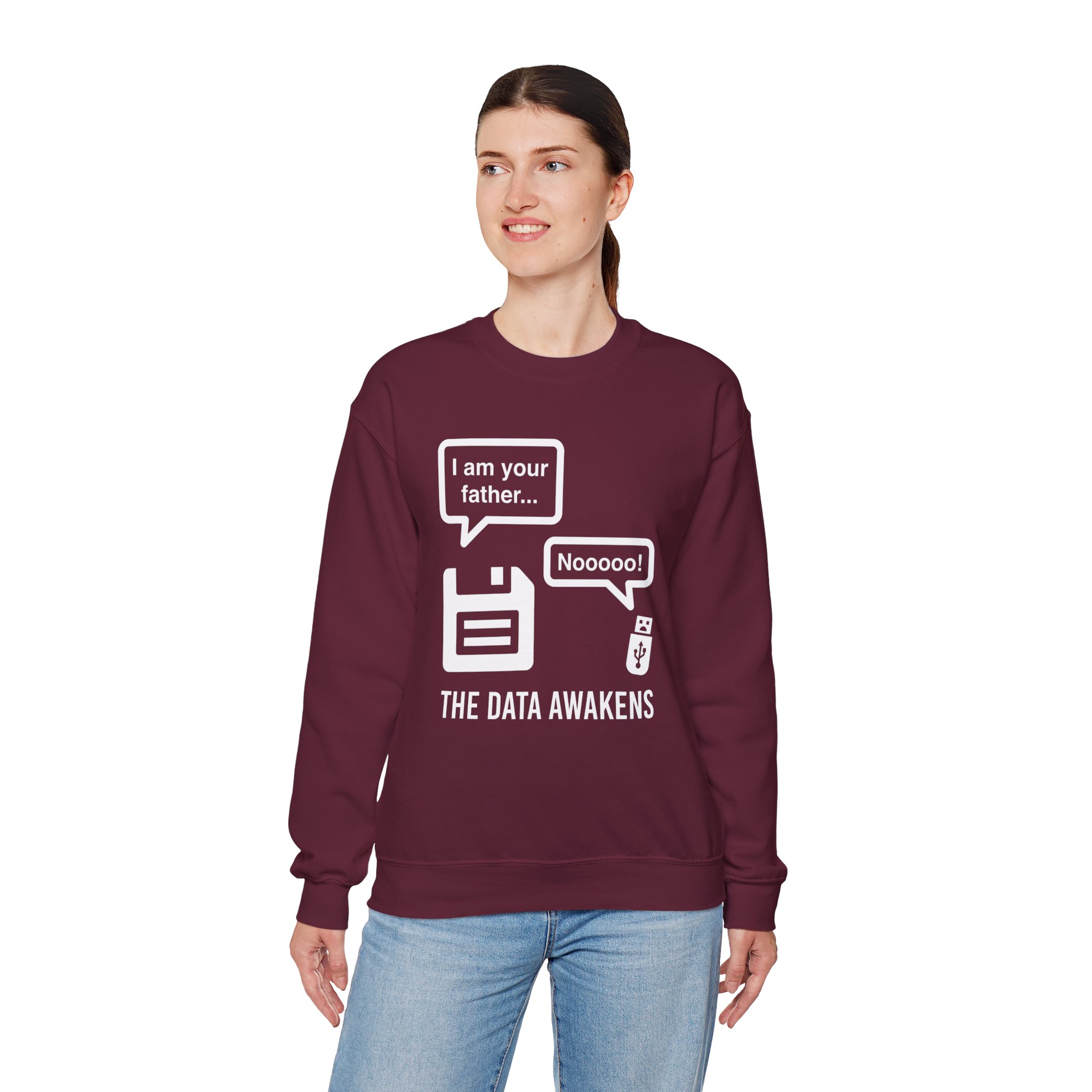 The Data Awakens crewneck sweatshirt in Maroon, worn by a model, fourth view