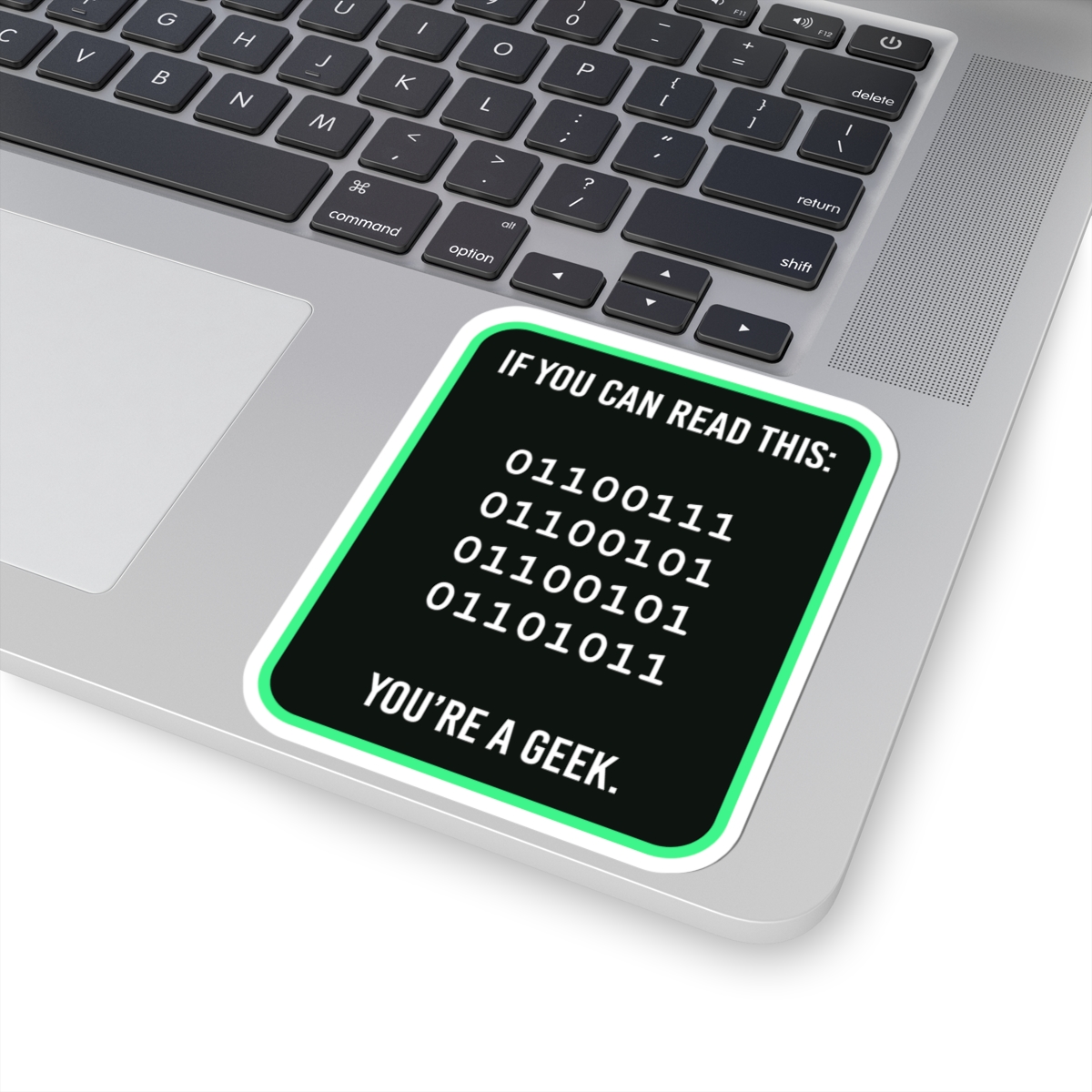 Geek Binary Code sticker, 4 inch, on a laptop