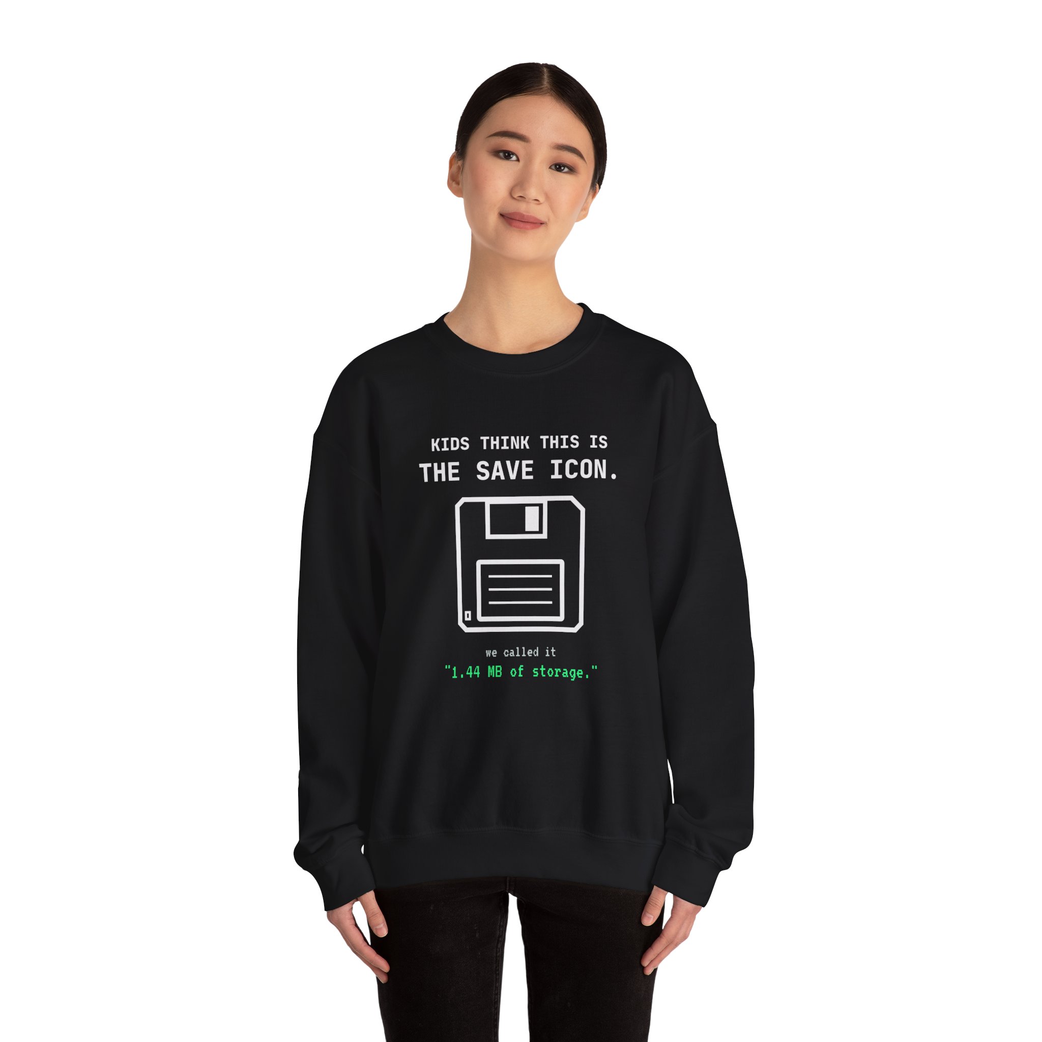 The Original Save Icon crewneck sweatshirt in Black, worn by a model