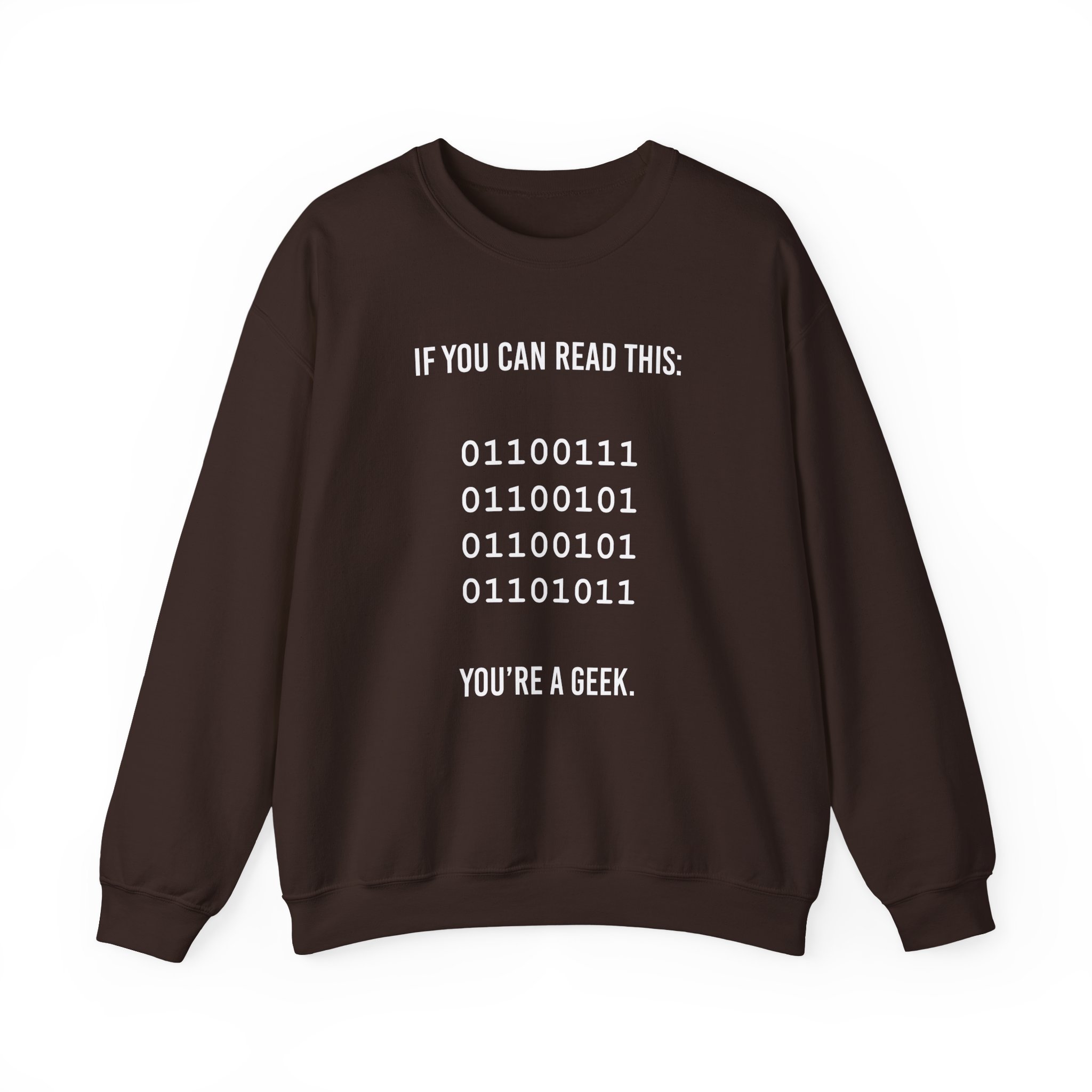 Geek Binary Code crewneck sweatshirt in Dark Chocolate, front view
