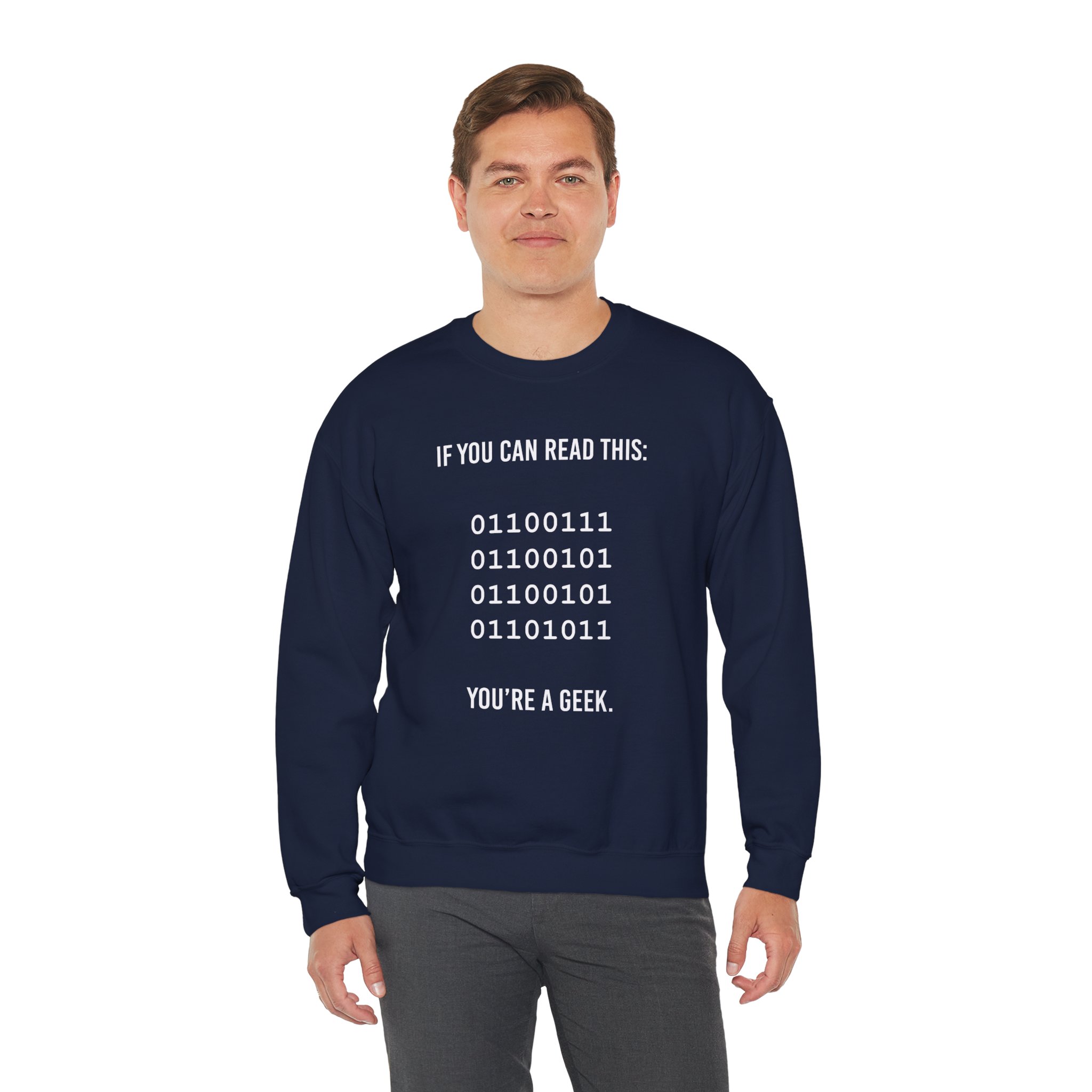 Geek Binary Code crewneck sweatshirt in Navy, worn by a model, third view