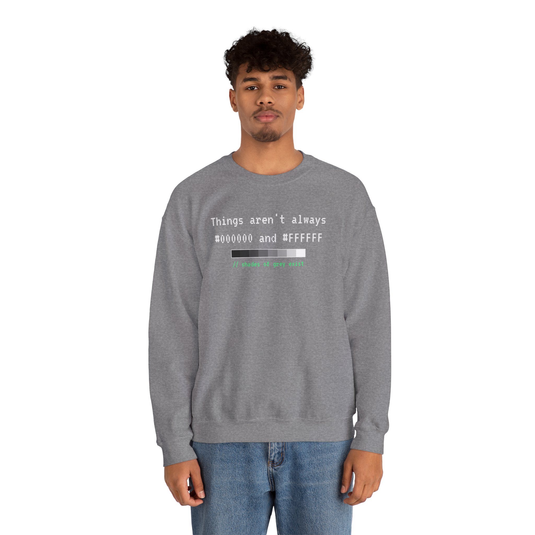Shades of Grey Exist crewneck sweatshirt in Graphite Heather, worn by a model, second view