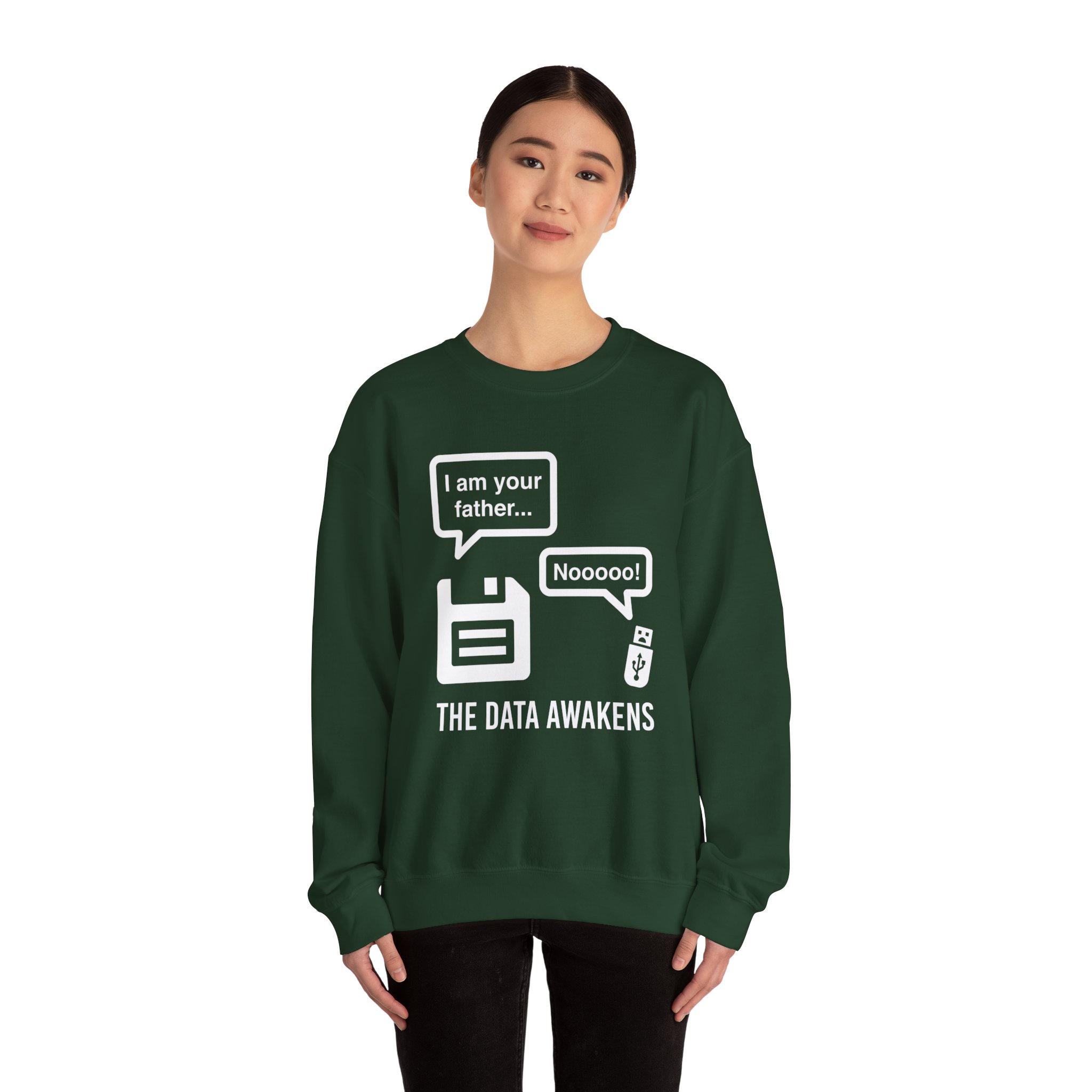 The Data Awakens crewneck sweatshirt in Forest Green, worn by a model