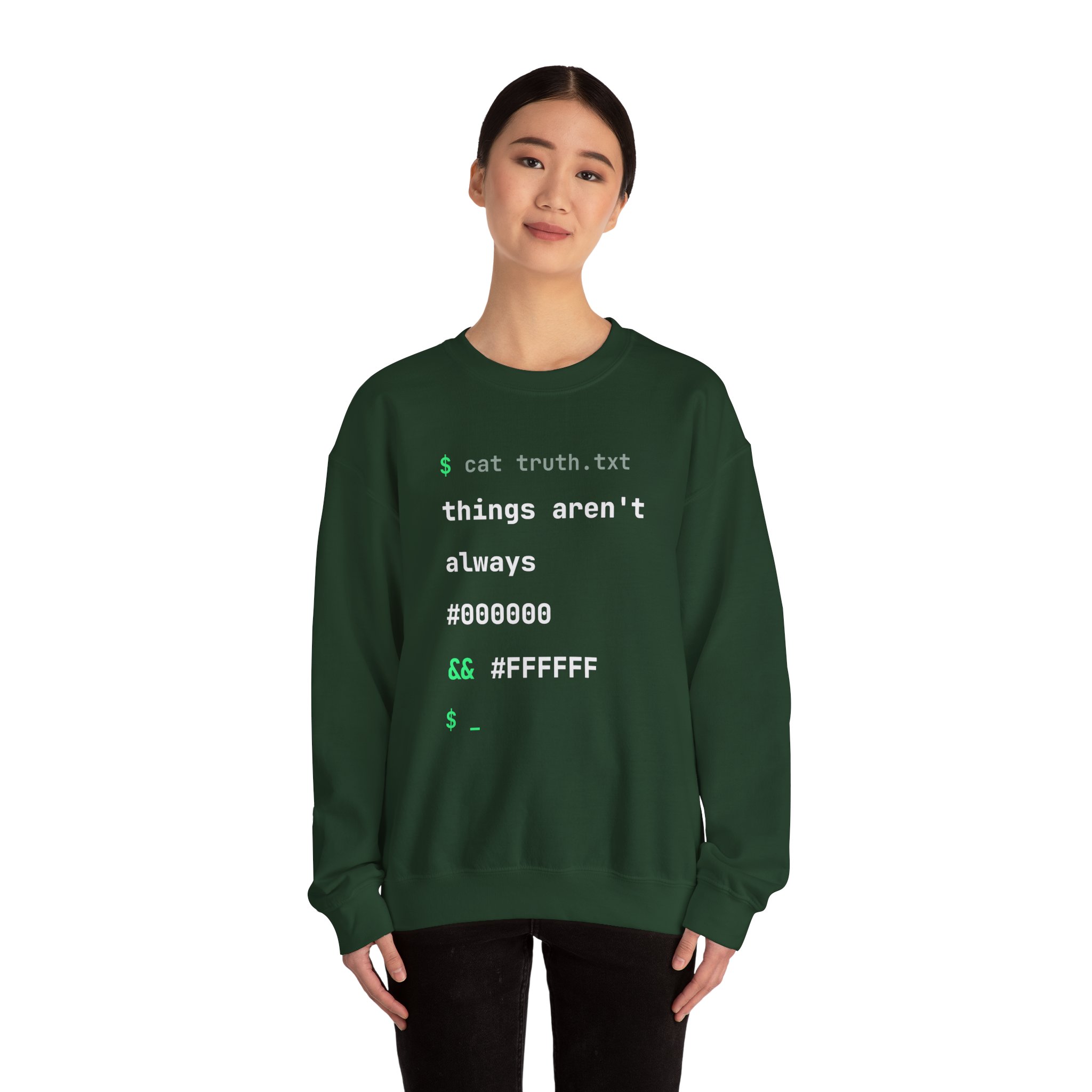 cat truth.txt crewneck sweatshirt in Forest Green, worn by a model