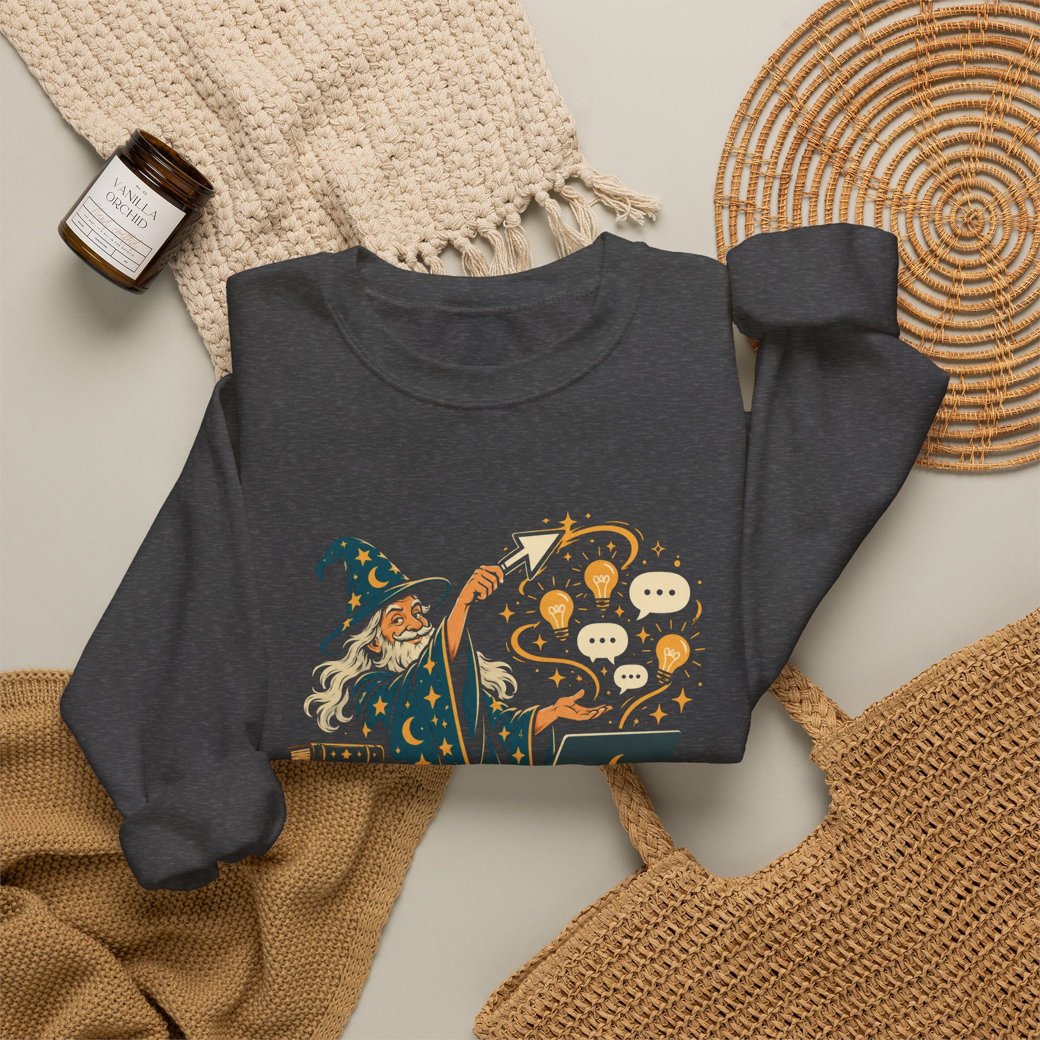 Prompt Wizard crewneck sweatshirt in Dark Heather, folded 2
