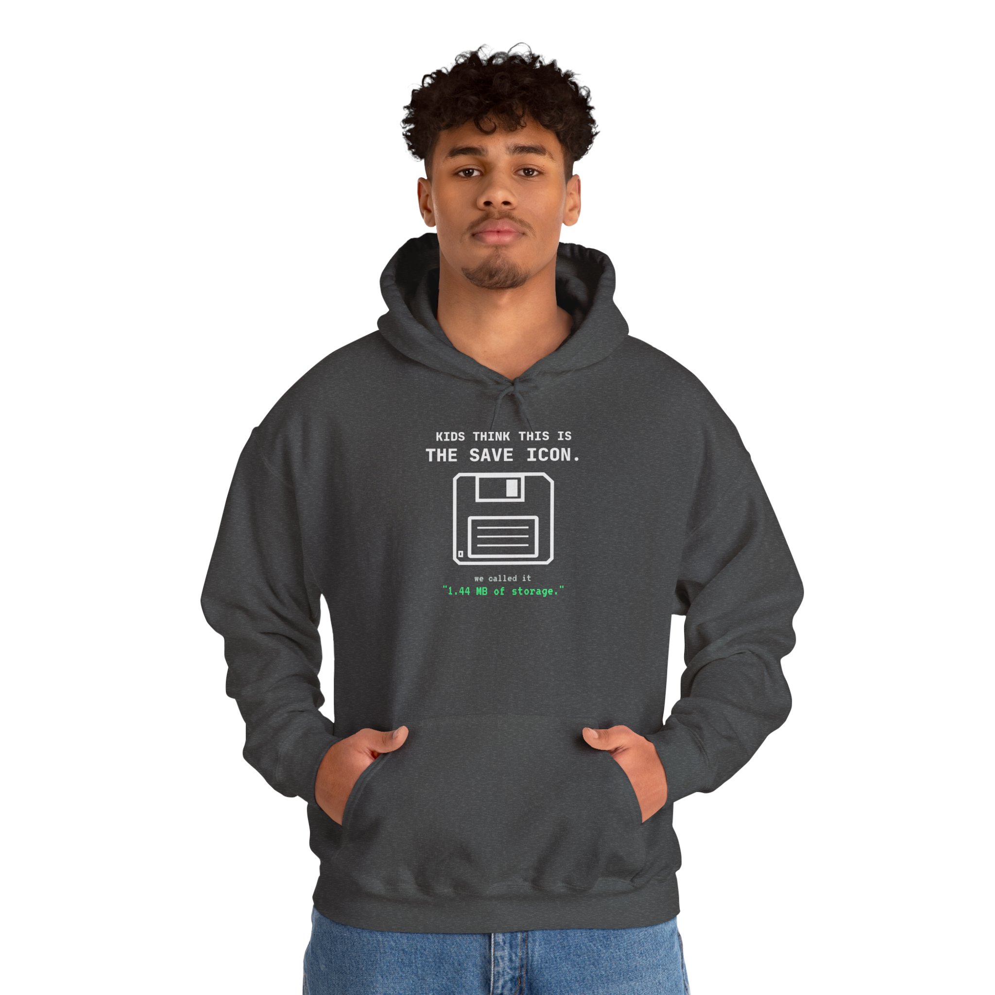 The Original Save Icon hoodie in Dark Heather, worn by a model, second view