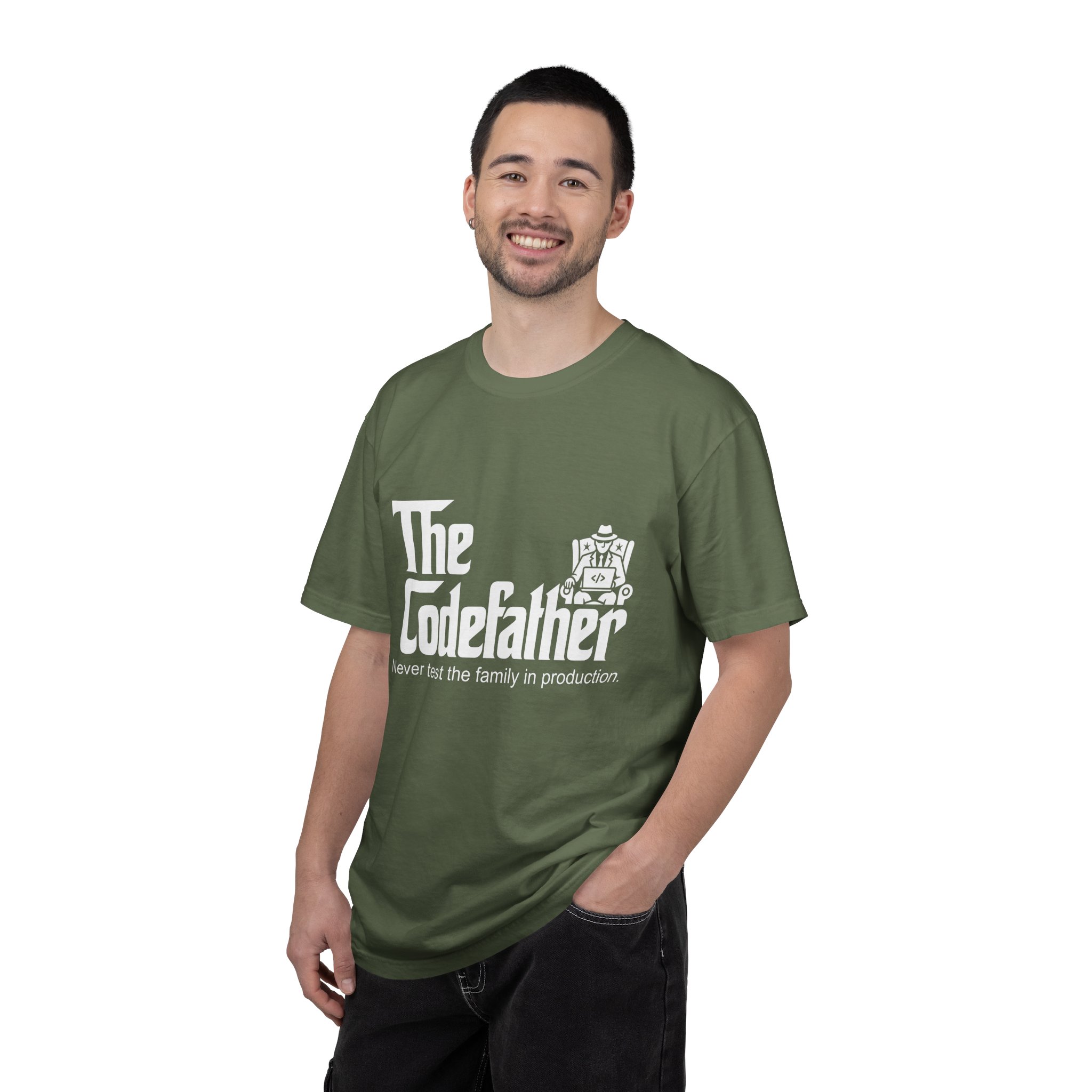 The Codefather T-shirt in Sage, worn by a man