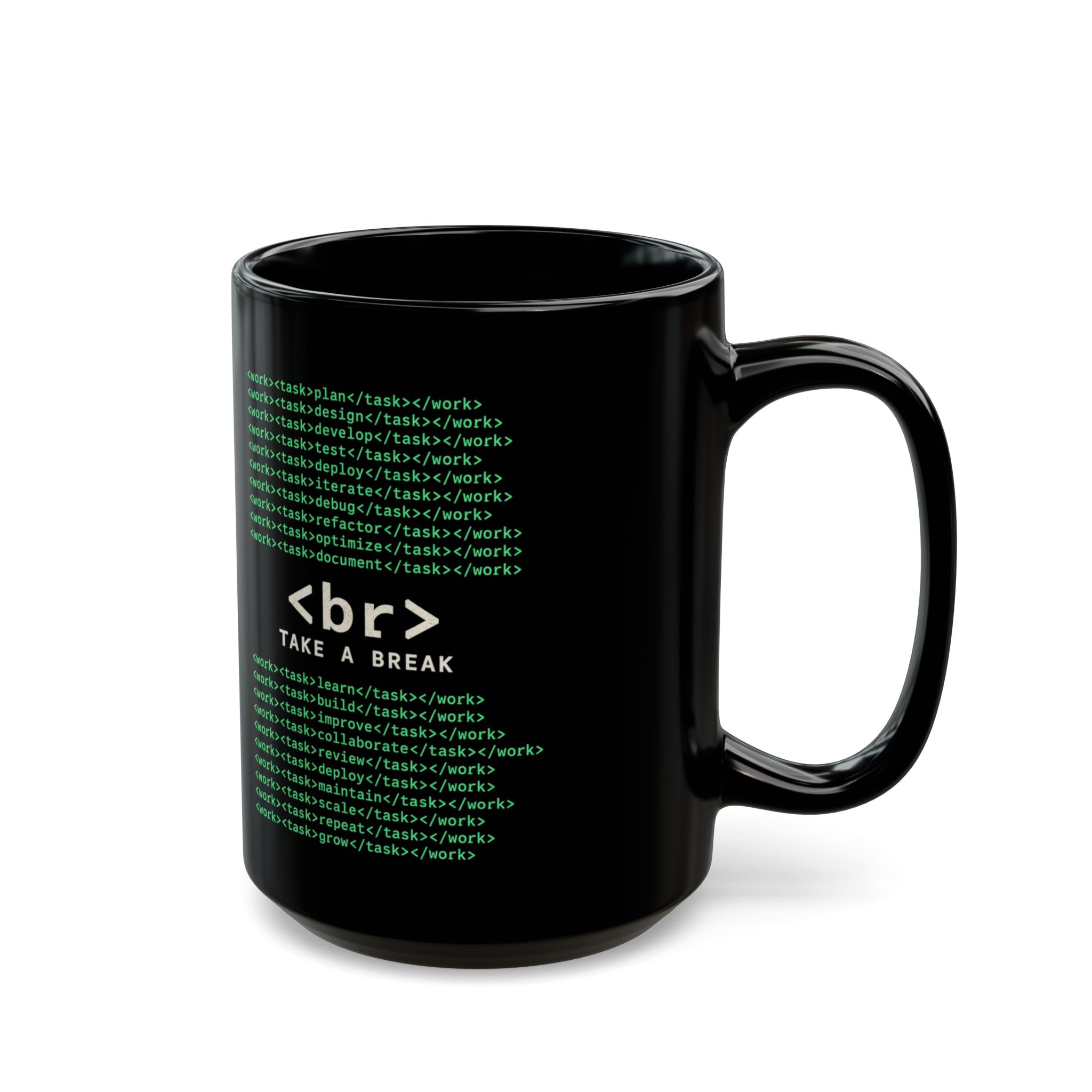 Work Work Break black mug, 15 oz, right side