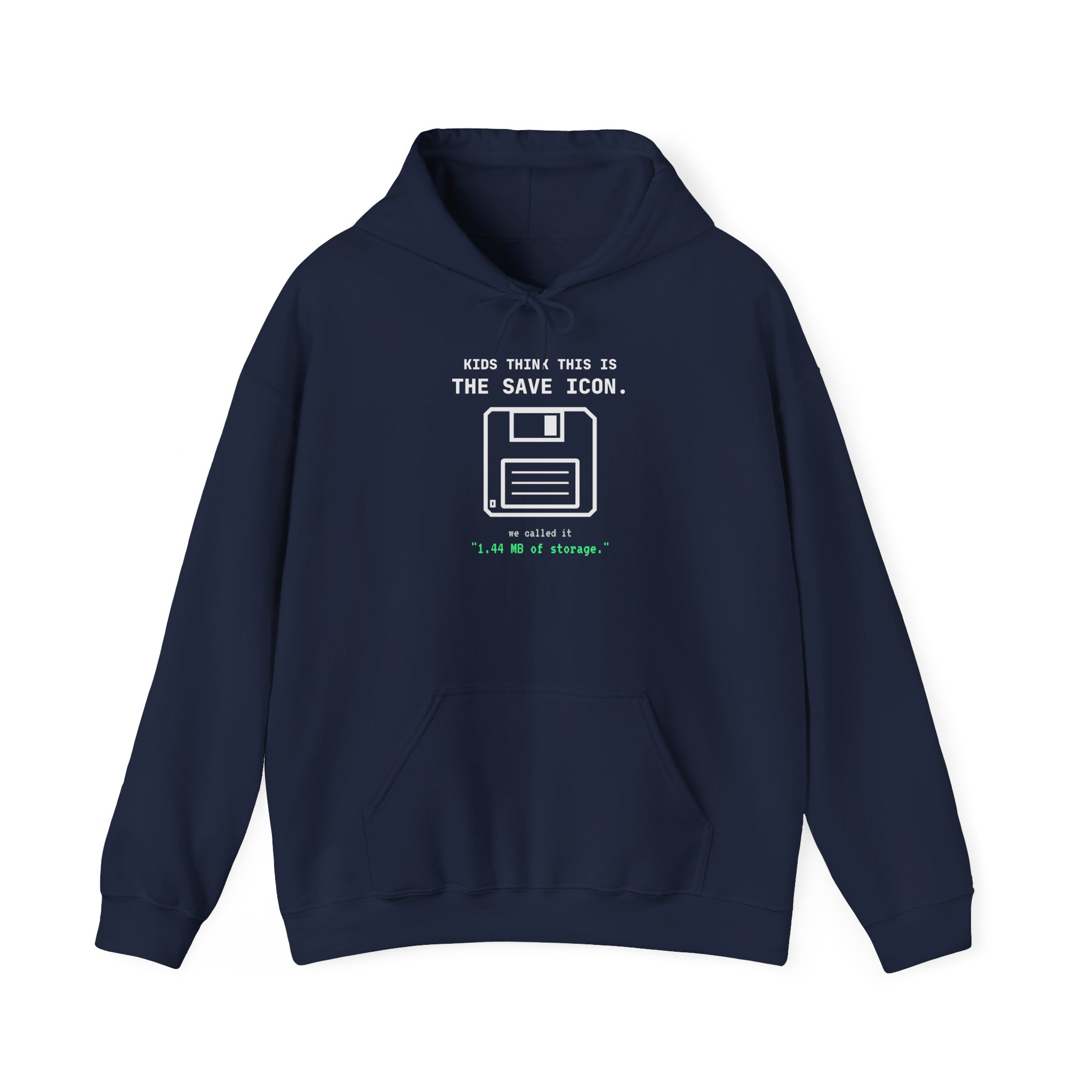 The Original Save Icon hoodie in Navy, front view
