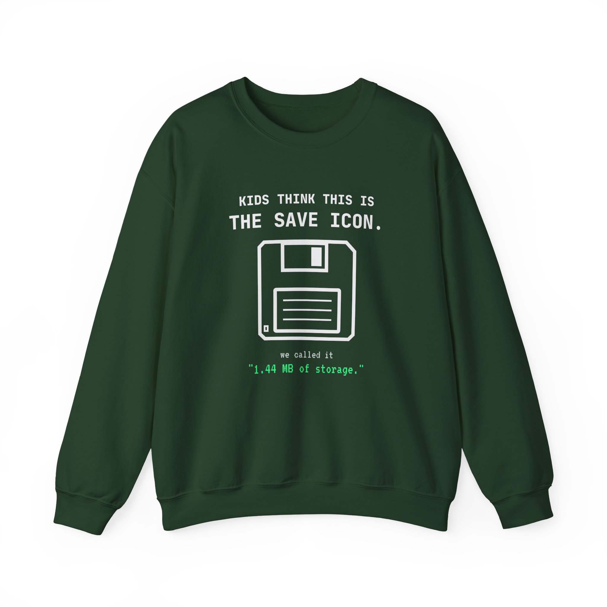 The Original Save Icon crewneck sweatshirt in Forest Green, front view