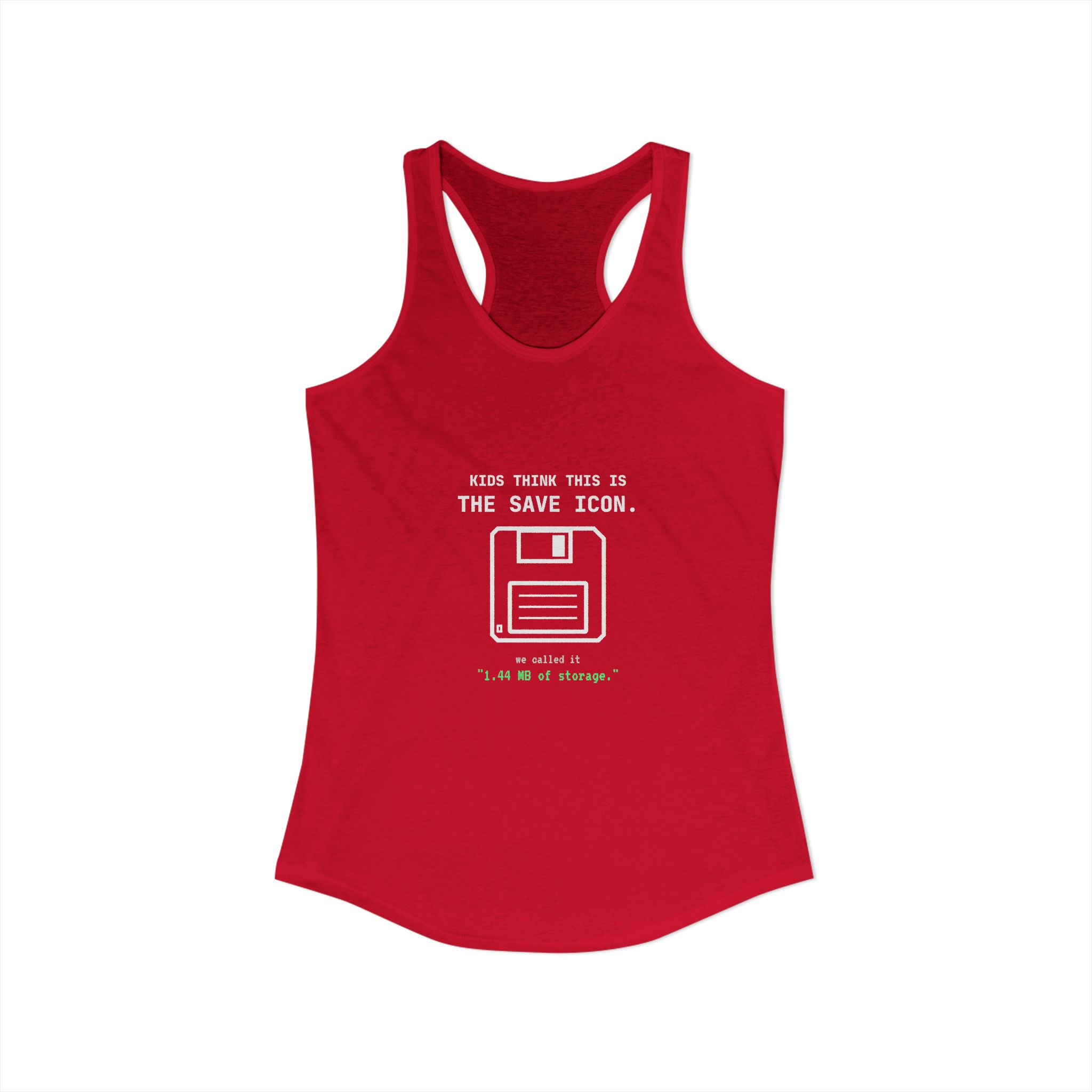 The Original Save Icon women's racerback tank in Solid Red, front view