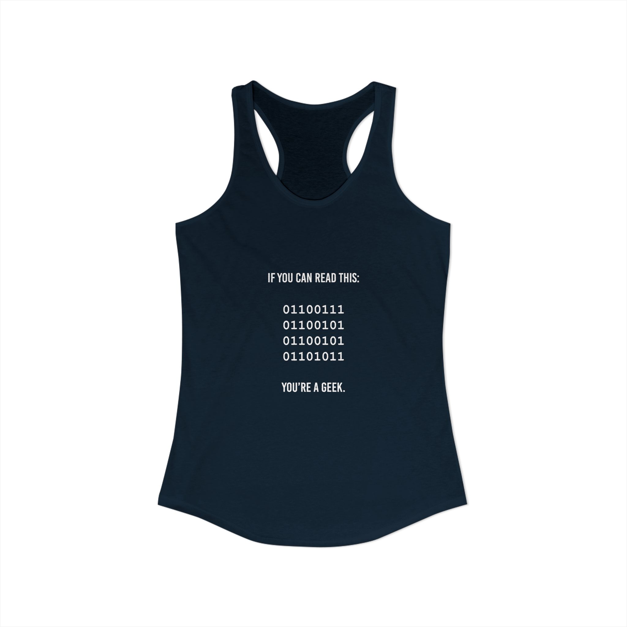 Geek Binary Code women's racerback tank in Solid Midnight Navy, front view