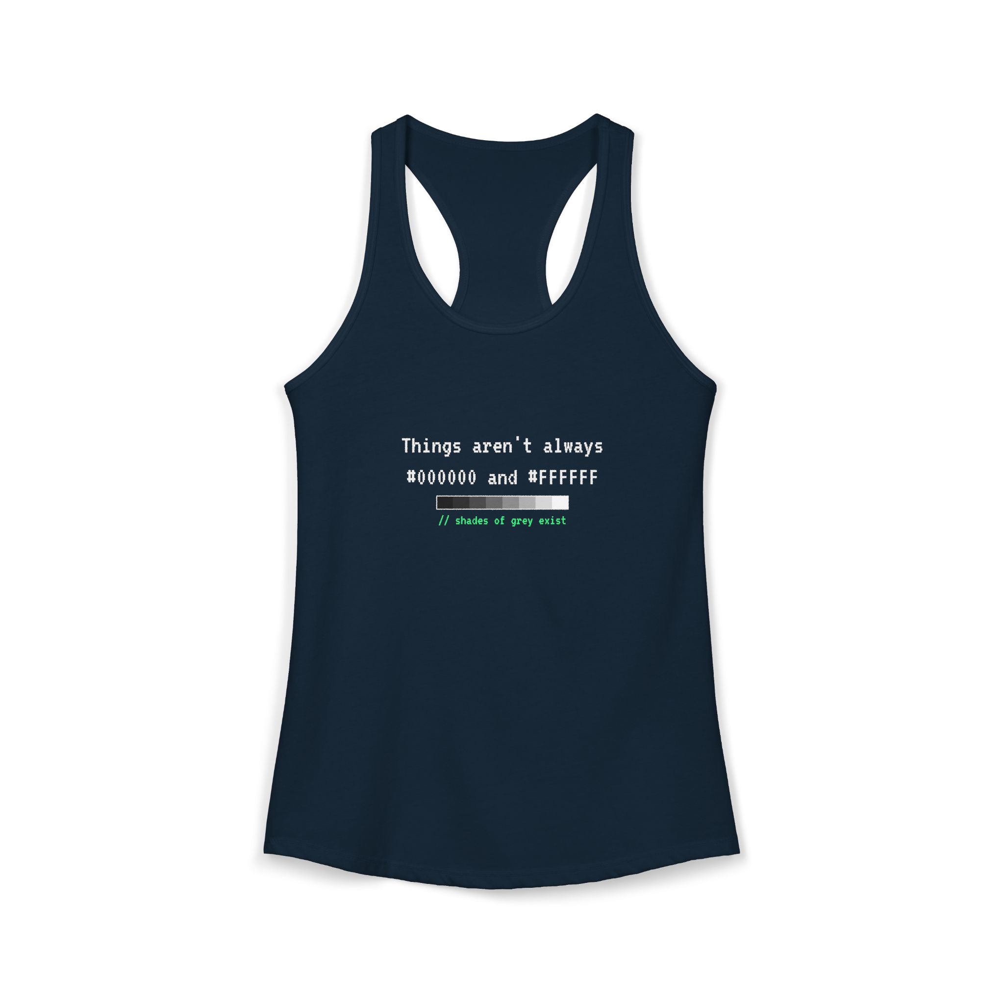 Shades of Grey Exist women's racerback tank in Solid Midnight Navy, front 2