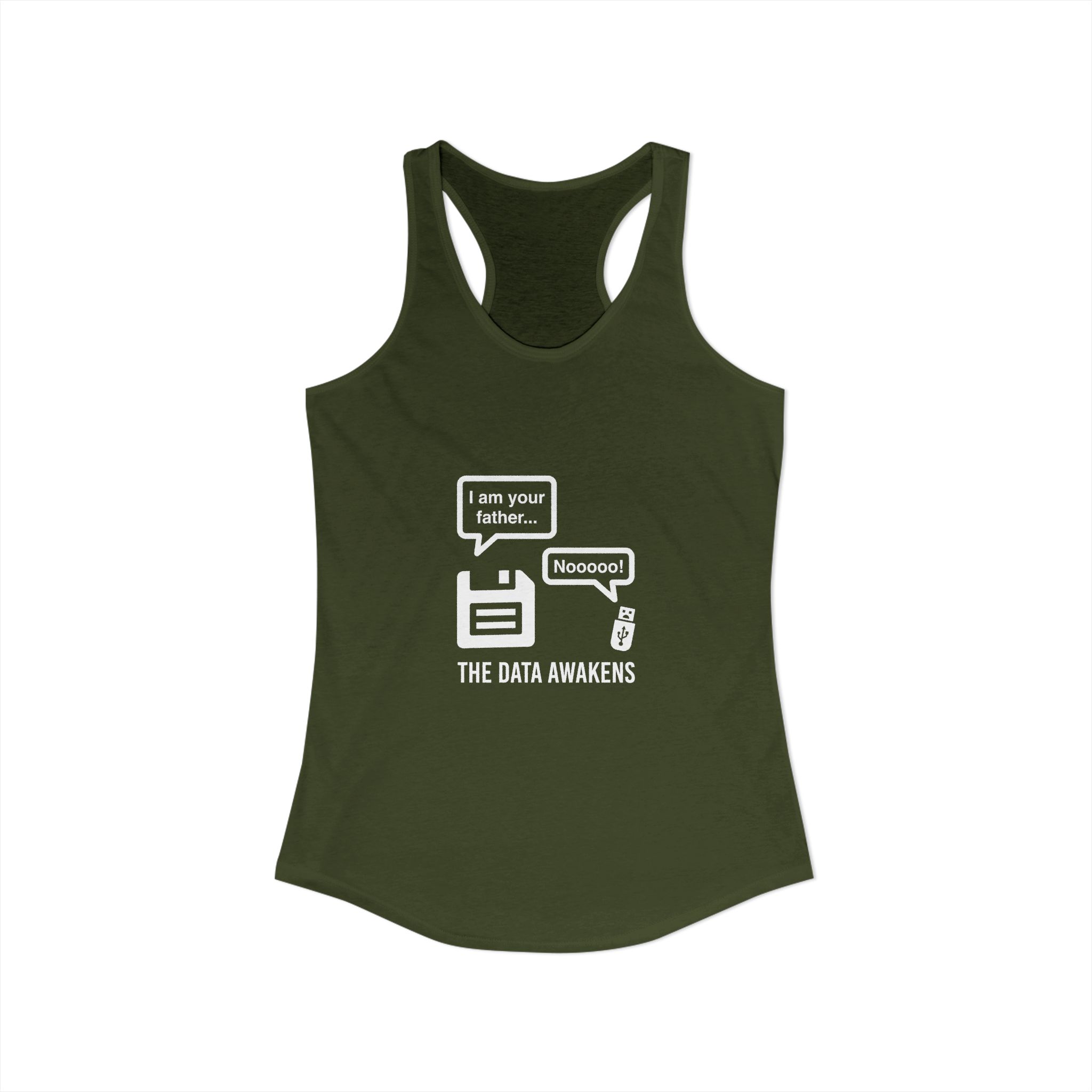 The Data Awakens women's racerback tank in Solid Military Green, front view