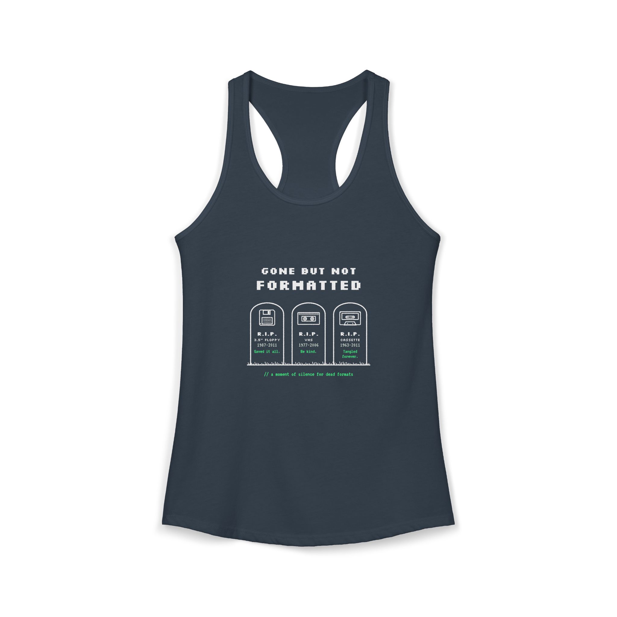 Gone But Not Formatted women's racerback tank in Solid Indigo, front 2